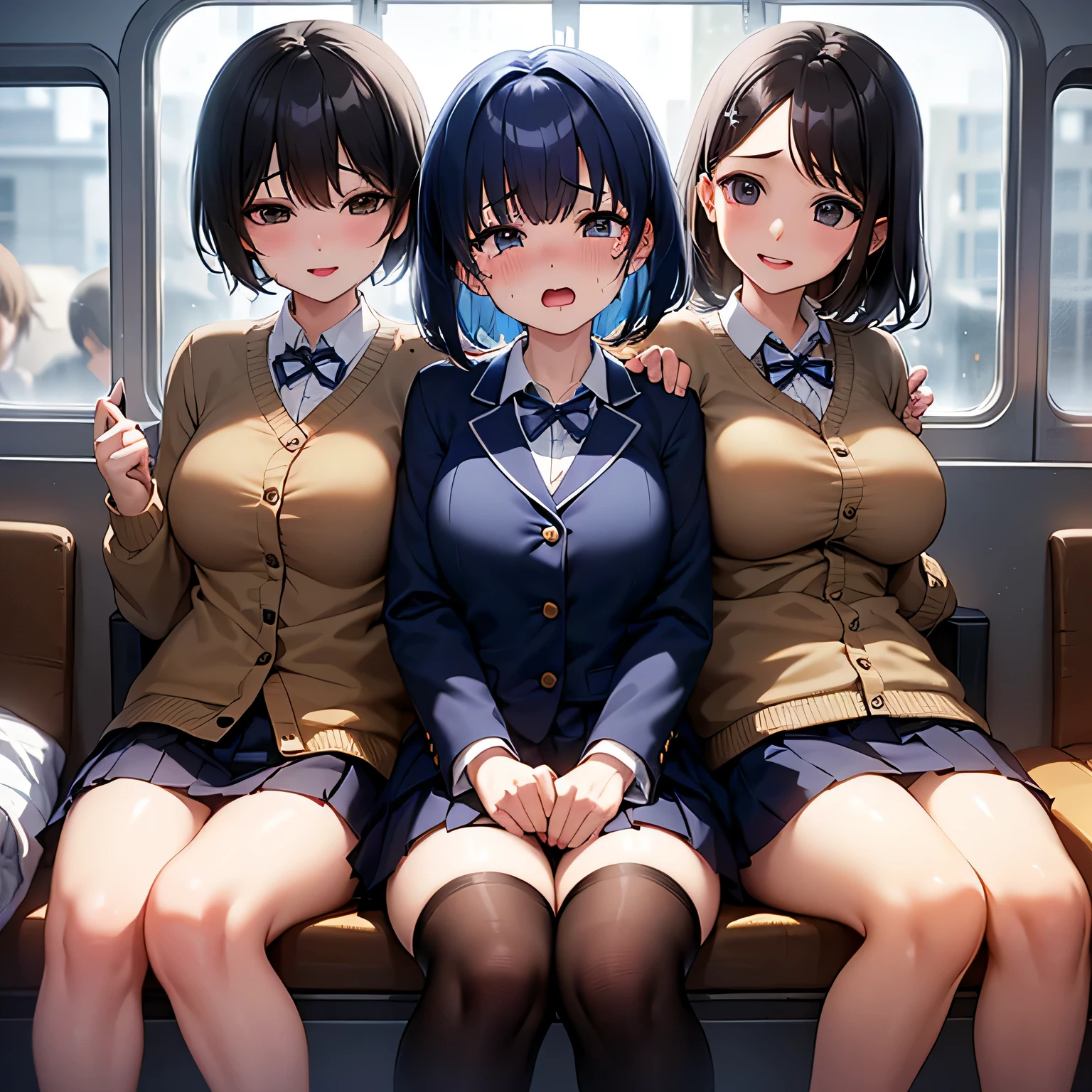 ((((debris flies, highest quality, highest quality, 1 female, alone, beautiful anime、Detailed image))))、(((20-year-old、thin、thick thighs、normal breasts、short black bangs、straight、black eye))),((((in a crowded train、blue sheet、seats parallel to the window)))、((navy blue blazer、navy blue skirt、school uniform、white panties、lift up the skirt))、(((Please sit down、Are crying、Shed a lot of tears、climax、embarrassing、disgust、vibrator in underwear、masturbation、Love juice overflows)))、NSFW、image from the knees up、