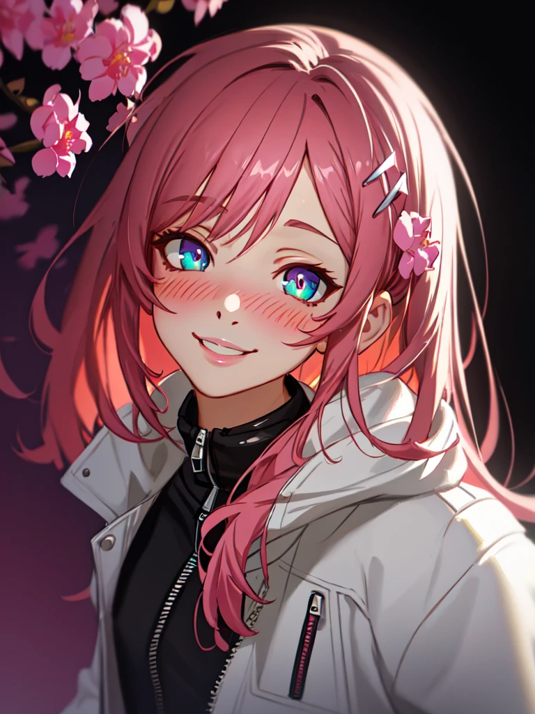 details face, alena aenami, hyperrealism, yanjun cheng, trending on artstation, digital painting, by kyoto animation studio, realism, hyperrealism, abstractionism, colorfull, watercolor, flat colors, 1girl, solo, deteiled face, blush, deteiled eyes, beautiful eyes, pink flower hairpin, violet eyes, white jacket with a zipper, smile, light smile,