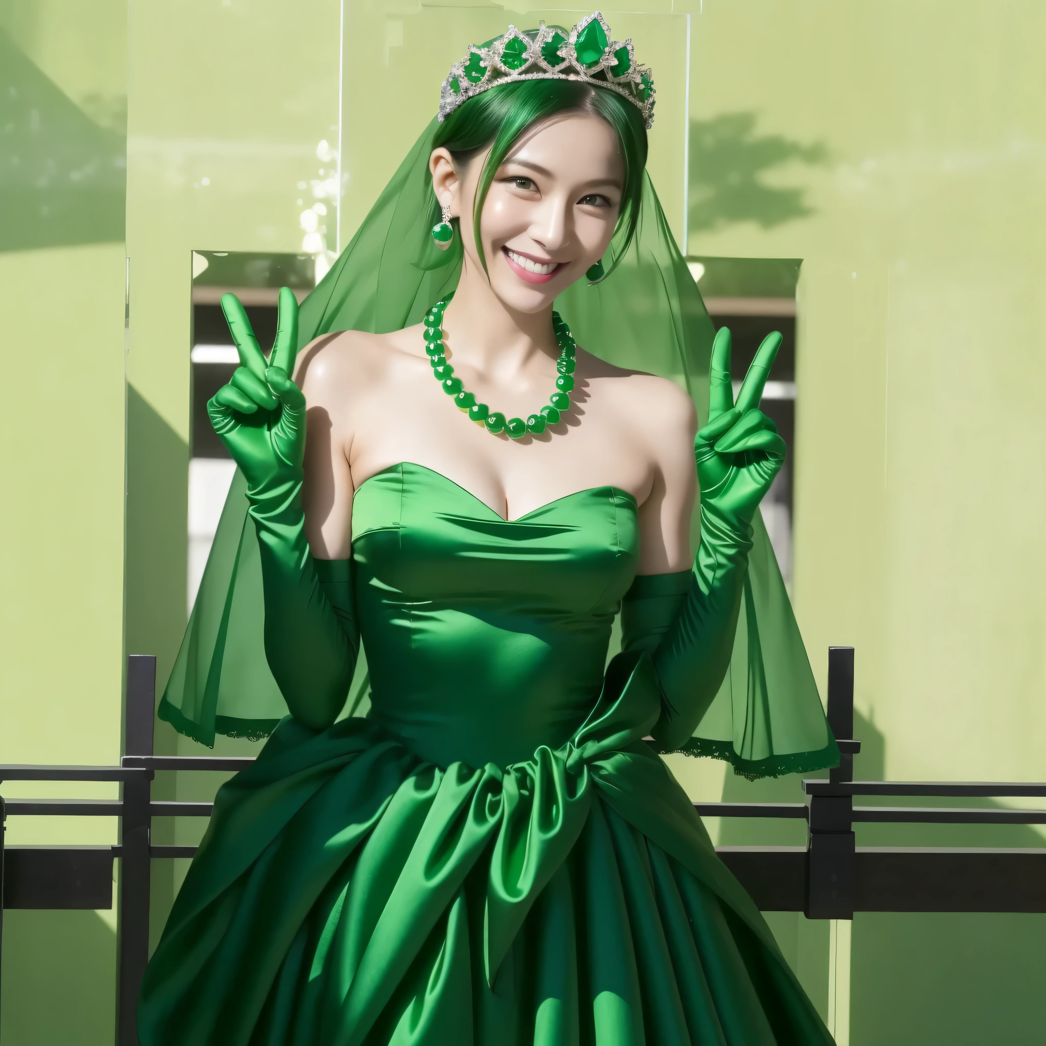 Beautiful Japan woman in her 30s, finger details, beautiful hands,emerald tiara, Green Pearl Necklace, Boyish green berry short hair, lipstick, smiling Japanese woman, very short hair, big breasts beautiful, green eyes, green satin long gloves, green eyes, emerald earrings, Green veil, v sign