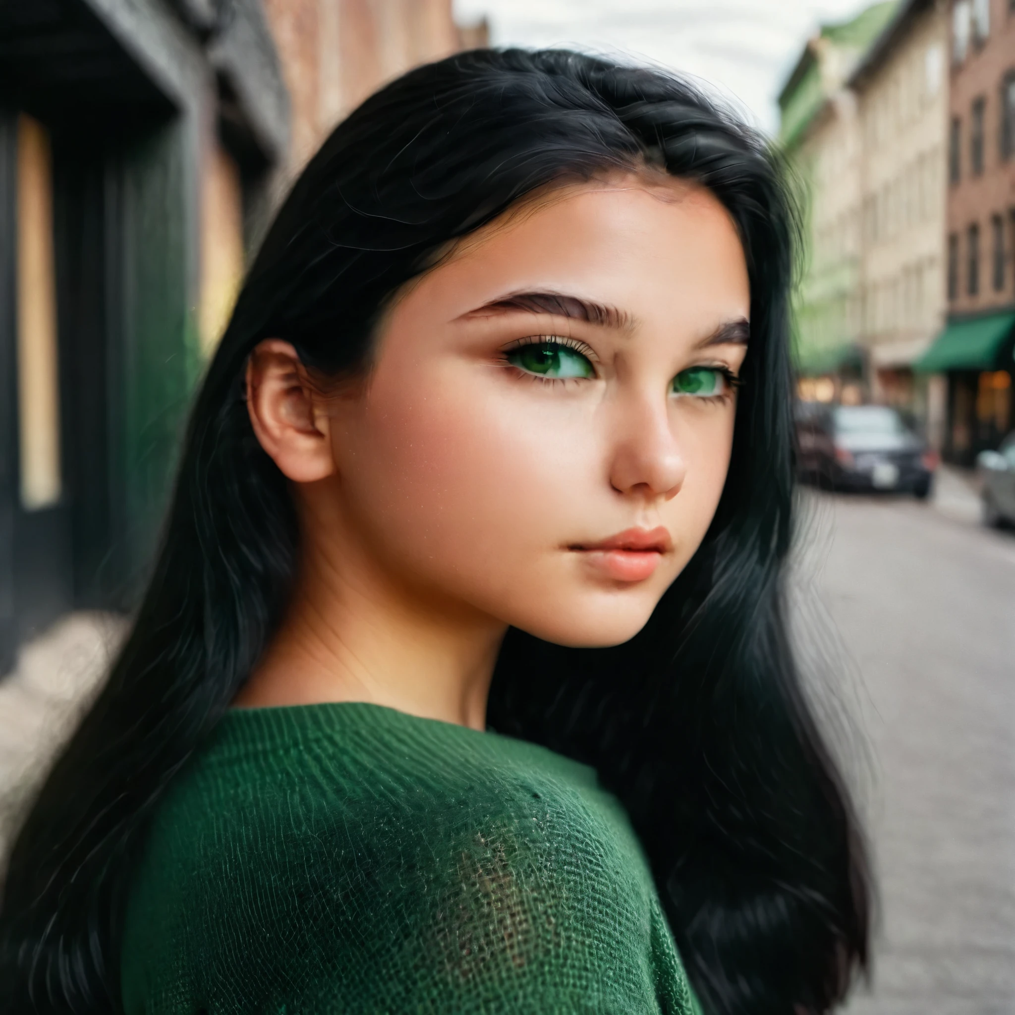 frontal shot, portrait photo of an 18 year old American woman, small lips, green eyes, medium eyelashes, medium nose, medium ears, thick eyebrows, long black hair, looks away, natural skin, moles on skin, (cinematic, film grain: 1.1) dynamic body posture, full body, walking in the city