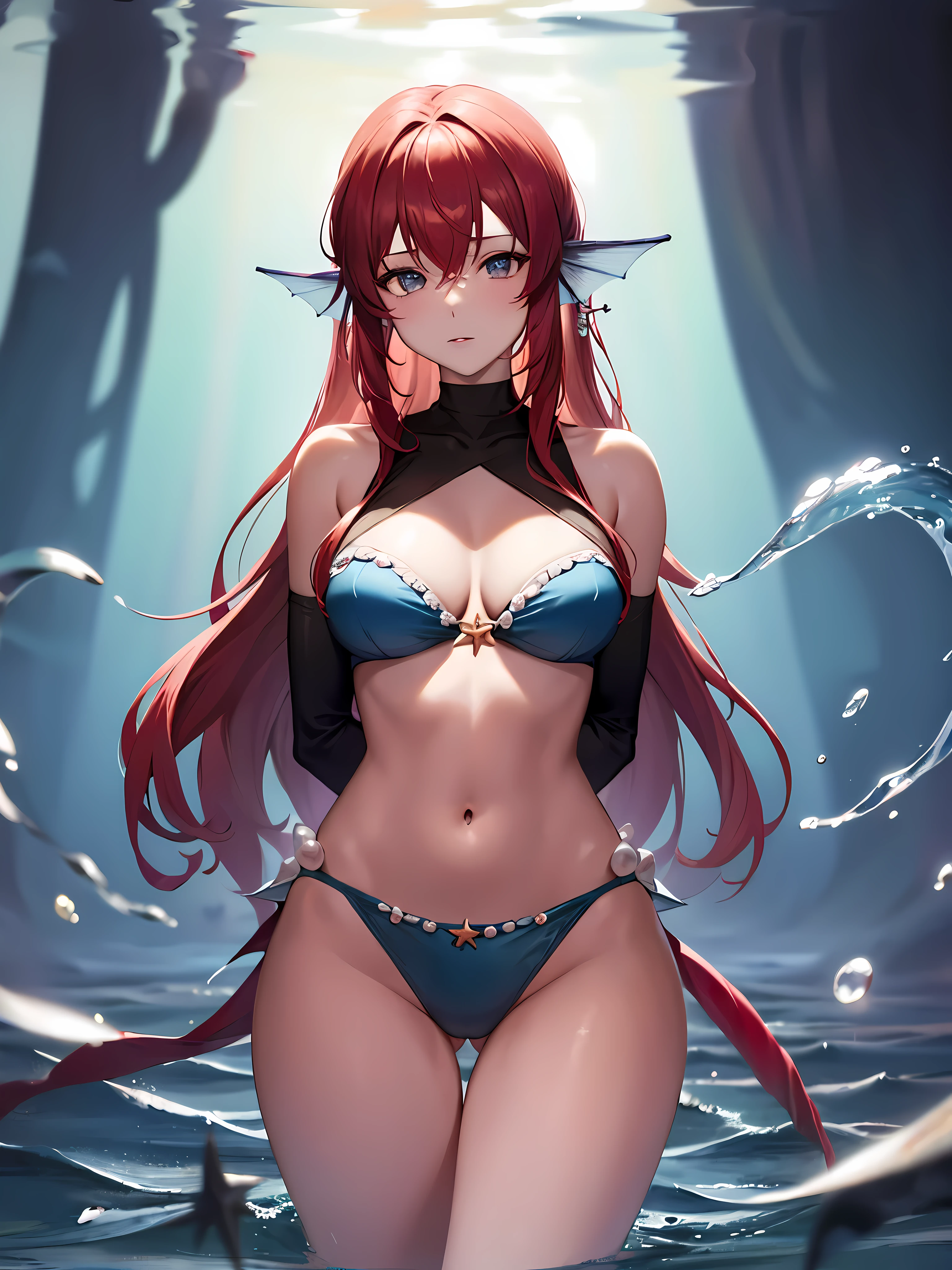 (best quality, high resolution, masterpiece: 1.3), Pretty Woman, perfect body, (red hair) , (blue eyes), real skin ,pale skin,(big bust), beautiful face, Abdomen is thinly defined, (Mermaid:1.2), mermaid tail, (under the sea), (At sea), (Deep sea) ,(fancy), bright , (milf) , wide hips ,alone , (starfish_bikini:1.3) , fish scale , (pearl_accessories) , bare hands ,(cowboy_launch) , (slim_fish_tail) , (weapon_behind_in the back:1.3)