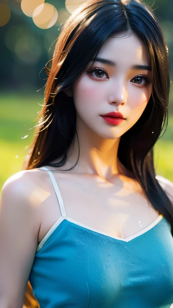 Best quality, masterpiece, ultra high res, (photorealistic:1.4), raw photo, 1girl, offshoulder, in the dark, deep shadow, low key, cold light,in a park
