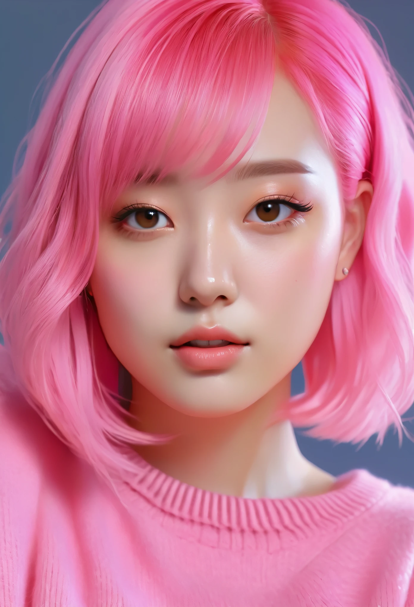 a close up of a woman with a pink hair and a sweater, inspired by Yanjun Cheng, kawaii realistic portrait, cute girl with short pink hair, realistic artstyle, pink wispy hair, korean girl, 8k portrait render, with short hair, photo realistic style, hyper realistic style, realistic anime 3 d style, photorealistic artstyle
