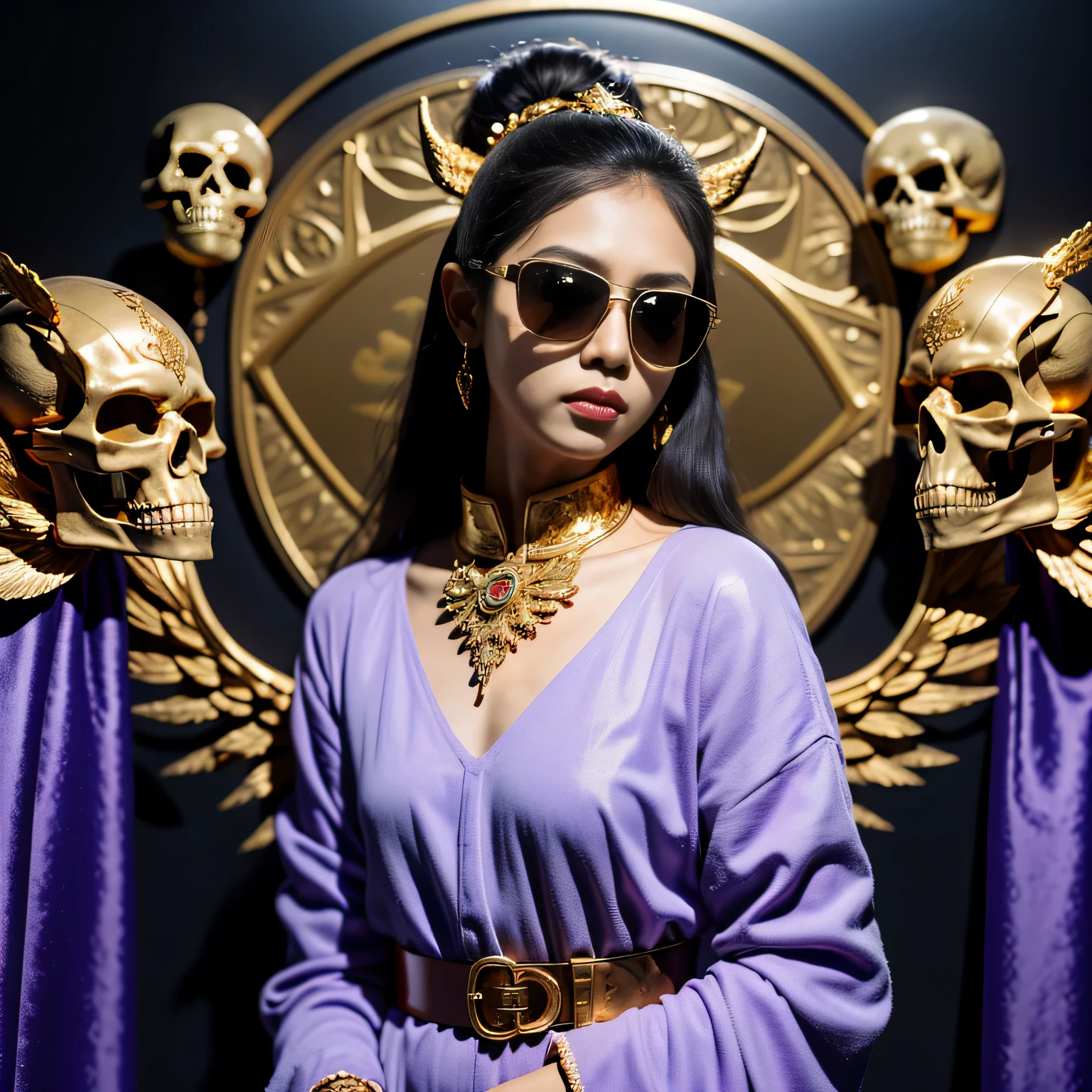 On snowy nights,32k(masterpiece,HD,super high quality,32k)Purple-pink double ponytail,flower stick,Indigo Skull King ,mahogany steering wheel (The skeleton is very realistic:1.4),crocodile print robe,Rusty skull ornaments,Sand gold linen cloak,Petals flying,Deep gold sunglasses,Hold your head high,worthy of pride,looking at people through nostrils,A primary and secondary school student, high resolution,Xueba, detail, original photo, Sharp Re, Nikon D850 film photo by Jefferies Lee 4 Kodak Portra 400 camera F1.6 guns, rich and colorful, Super real、Vivid texture, dramatic lighting, Unreal Engine Art Station Trend, Silicon Nest 800,Hold your head high,side,worthy of pride,looking at people through nostrils,arrogant,Petals flying,Petals flying,Gold-plated crocodile leather,Fluttering,Impeccable,( Reasonable design, clear lines, HD definition,best quality, Very detailed skeleton, skeleton of masterpiece, official art, Lighting effects, 8K crocodile skeleton(((Platinum marble sunglasses)))Deep gold sunglasses,sideportrait