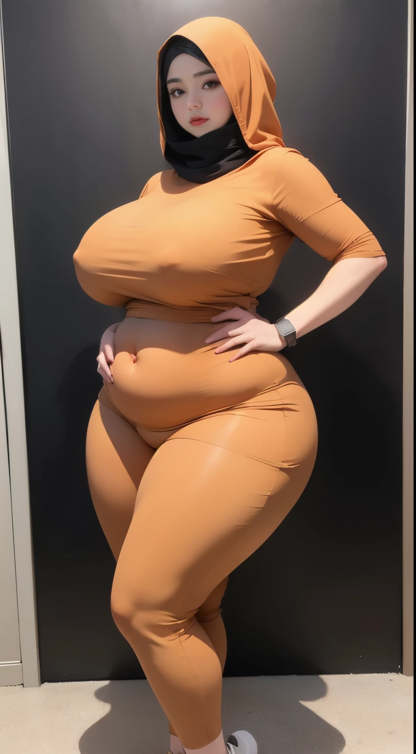 ((best quality)), ((masterpiece)), (detailed), perfect face, araffe woman thick and thight long pants posing for a picture, curvy model,, curvy hourglass figure, sexy longest hand t-shirt, thicc, beautiful full body shot, soft curvy shape, in a longest hand t-shirt, a beautiful woman , bbwchan, , armpits, there is a old woman posing in a dark room with a maroon burka clothes , 43 years old, thick body, beautiful thick female, wide hips, thick legs, she has a jiggly fat round belly, thick thighs, curvy hourglass figure, thicc, curvy model, widest hips, hyperrealistic full figure, bbwchan, voluptuous body, thick, tattooed body, tattooed hands, hena on arm, hena in belly, Burka girl, muslim clothes, 43 years old woman. Burka chubby woman, chubby cheeks, wearing a sneakers, bob hairstyle, thick neck, short neck, there is a woman random pose red-brown hijab, bbwchan, thicc, brown hijab outfit, brown hijab fashion model, korean girl, korean woman, wearing brown robe, full length shot, alluring plus sized model, japanese goddess, clothed in hooded, voluptuous and arousing, portrait shot, curvy model, voluptuous body, wonderful, nene tanaka body , bbwchan, The overall atmosphere is smooth , haunting illustrations, extremely high-resolution details, photographic, realism pushed to extreme, fine texture, 4k, ultra-detailed, high quality, high contrast, red sneakers , cold atmosphere ,, 8k resolution , ultra-detailed resolution , wearing long thight pants, random pose with full body , full body, diamond necklace , wearing a watch , thick arm, thick cheeks , wearing a gold Bracelet