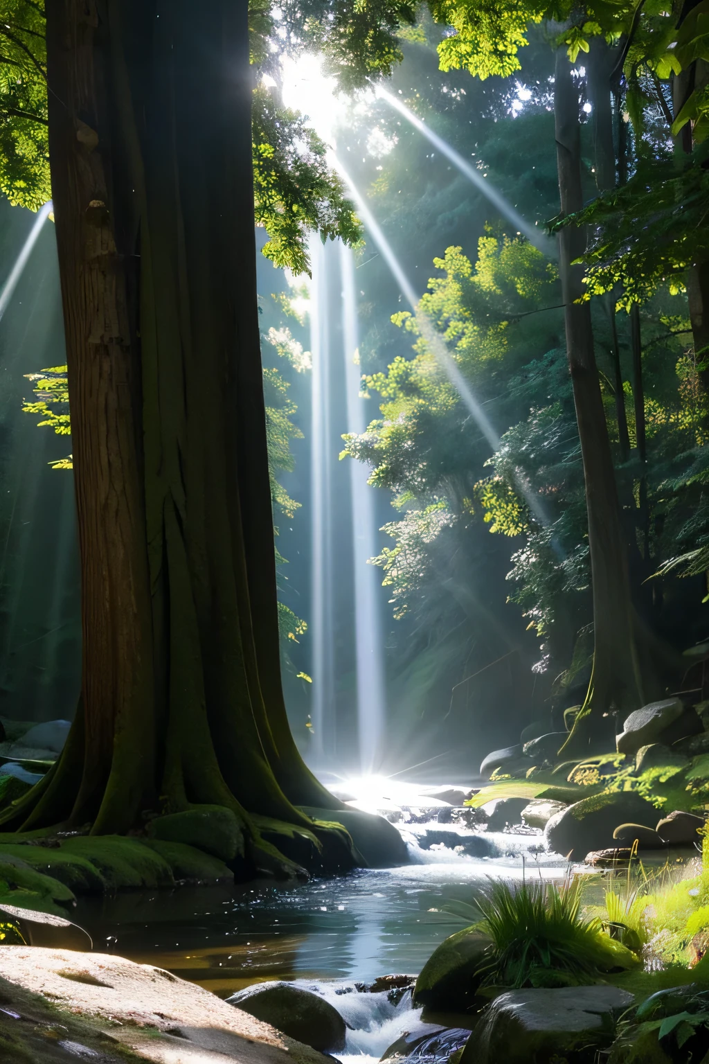 Tyndall effect， streams of flowing light, some rays of light, bursting with holy light, sun rays，rays of life, with trees， forest ray light, rays of light, light rain, sunlight beams, misting, some sunlight ray, rays of shimmering light, sunlight beaming down