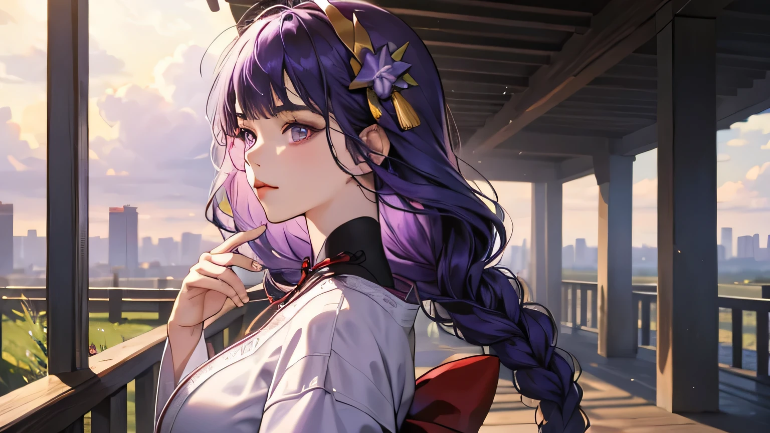 (masterpiece), best quality, expressive eyes, perfect face，1girl, blunt bangs, braids, wide sleeves, hair accessories, lavender kimono, dark purple long sleeves, dark purple stockings, dark red bow, big breasts, gold rings, (red: 0.7) belt, (purple hair: 0.95), very long hair, looking at the viewer, detailed eyes, red eyeshadow, depth of field, street advertising, from the side, solo, thunder, stormy sky,raidenshogundef