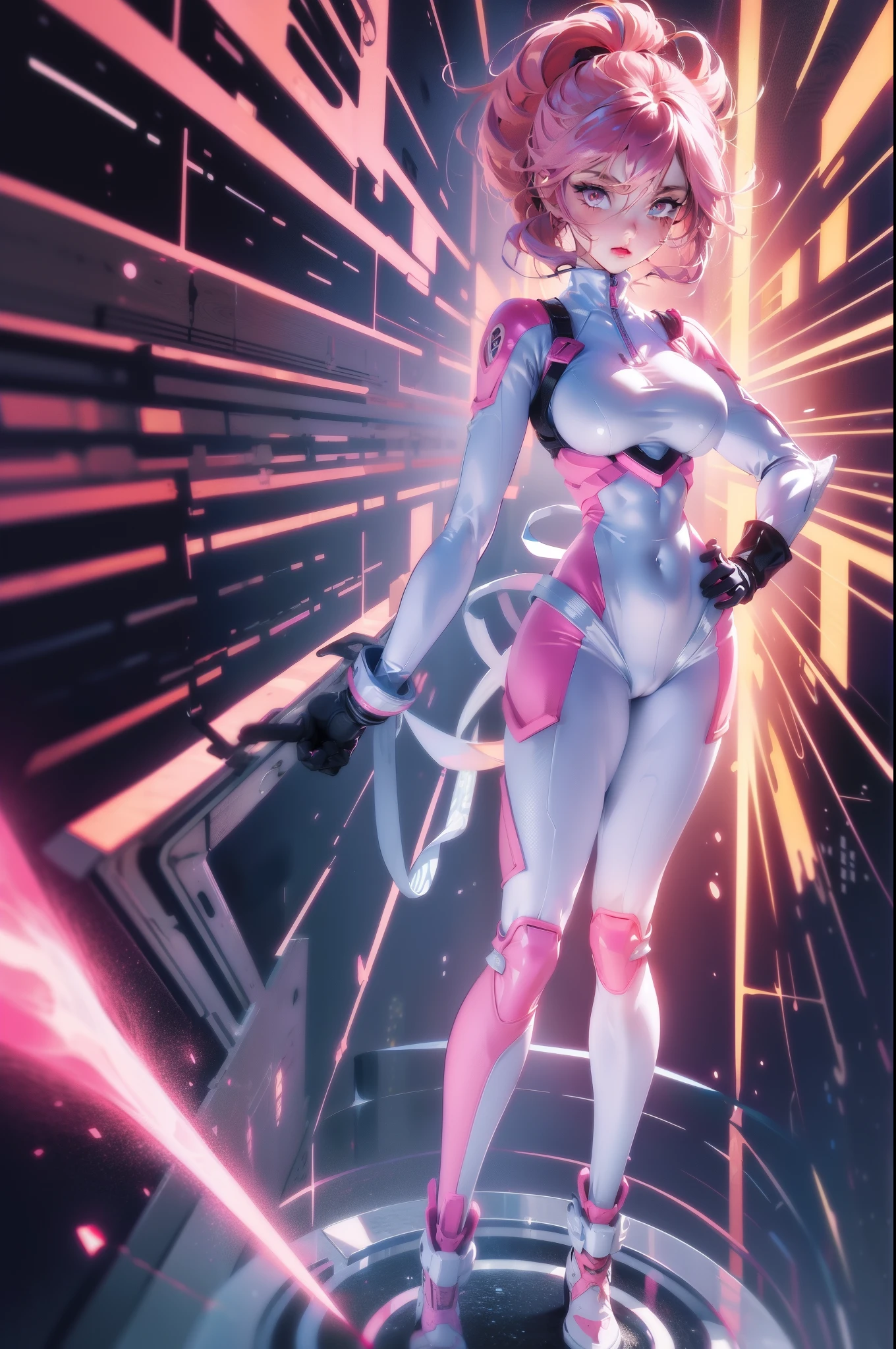 (masterpiece:1.3),(best quality:1.3),。.3d,8k,.1 girl,solo,pink hair,pink eyes,helmet,Full body female love,space suit,tights,Gloves,stand up,Q version,Super big breasts,ditch,wide hips,