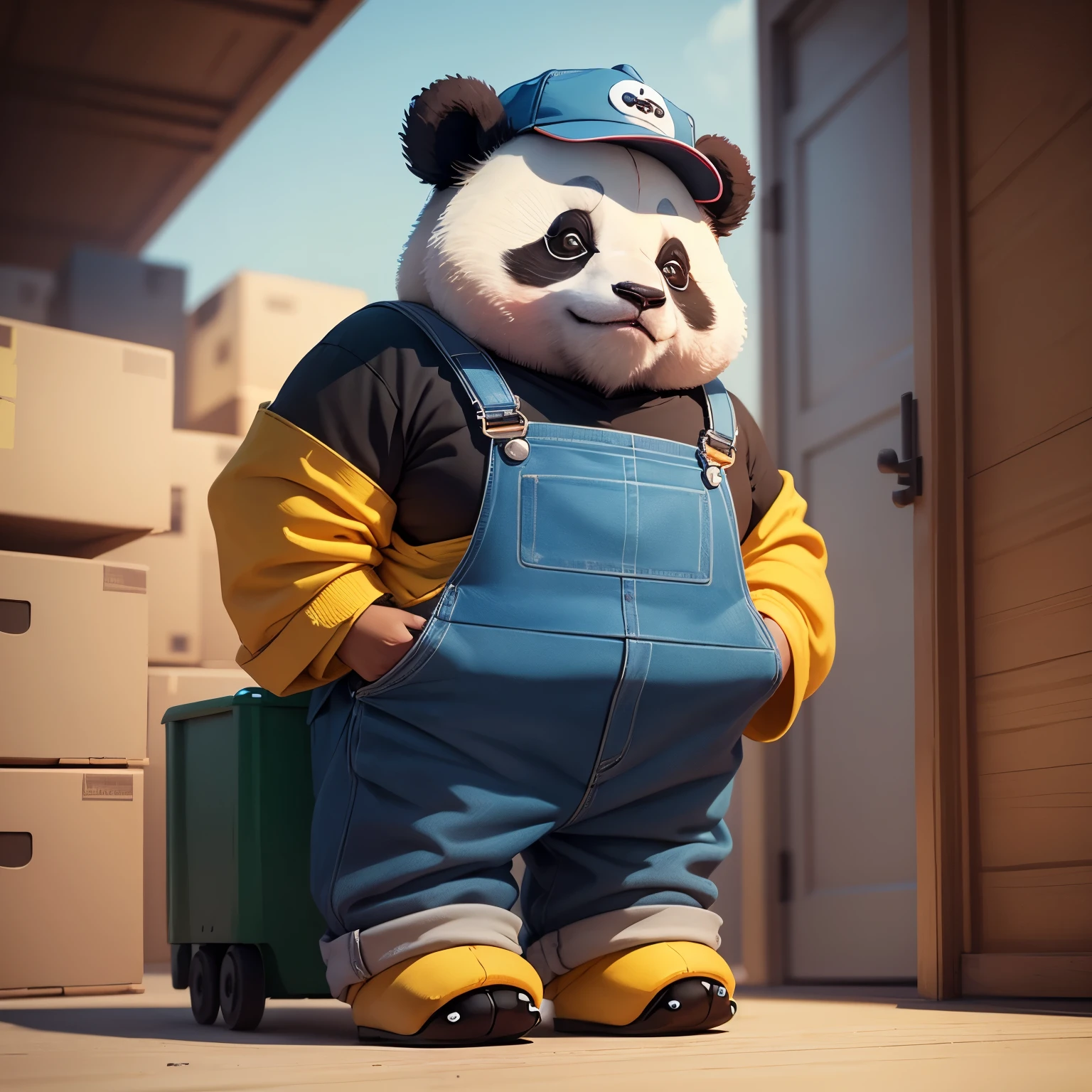 A cute panda，Wearing deep overalls，with hat，Moving boxes，Stand naturally，Clean and simple design,IP image, High-end natural color matching, bright, Cute and colorful, Detailed character design