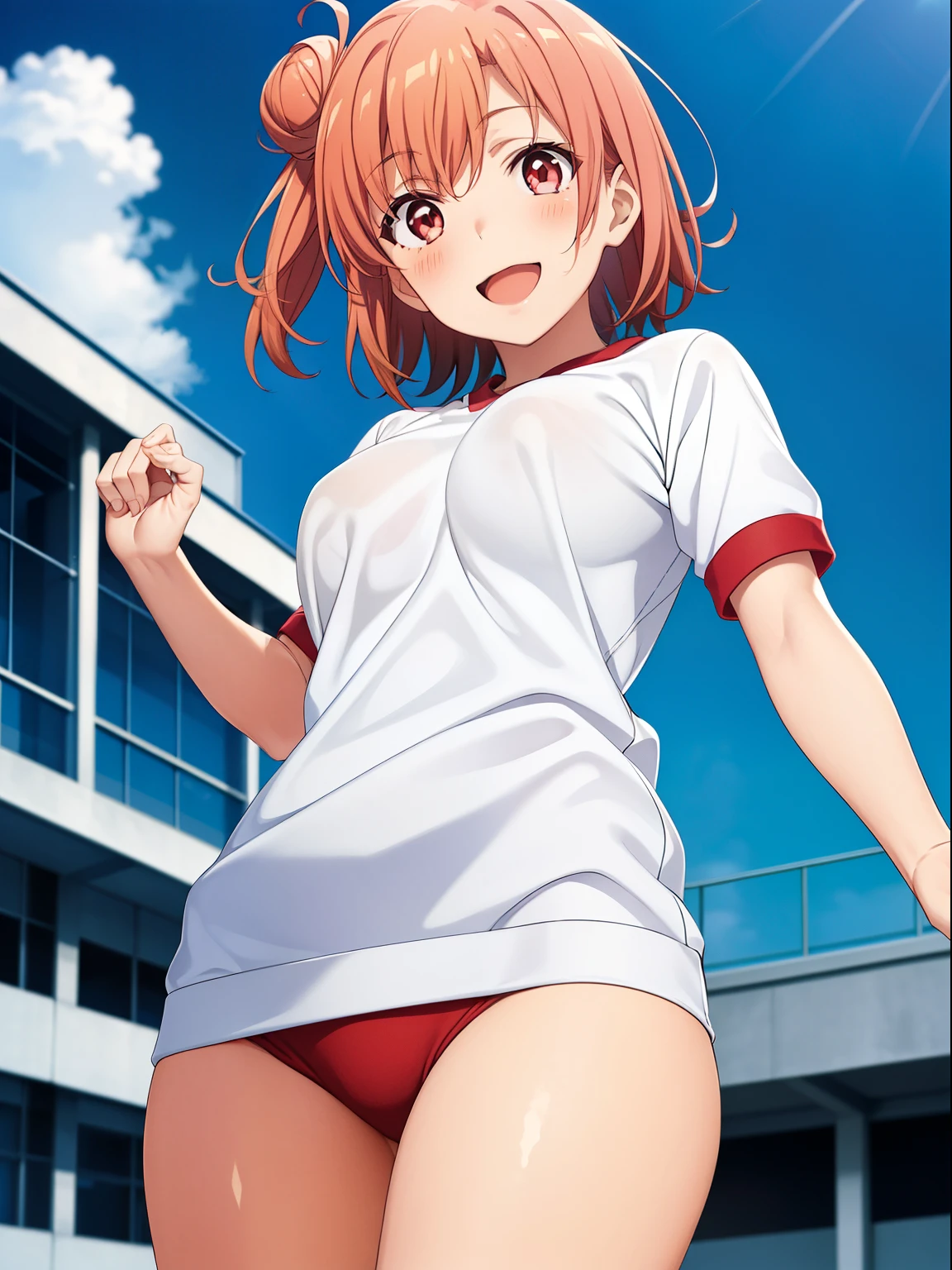 (highest quality, High resolution, perfect pixel, Depth of the bounds written, 4k), beautiful anime girl, beautiful art style, 
looking at the viewer, 
perfect body,  

Yuigahama Yui, single hair bun, short hair, 
large breast, 
(blush all over the face),smile, open your mouth, 
 
school ground, 

(gr gym uniform, thighs, from below), 