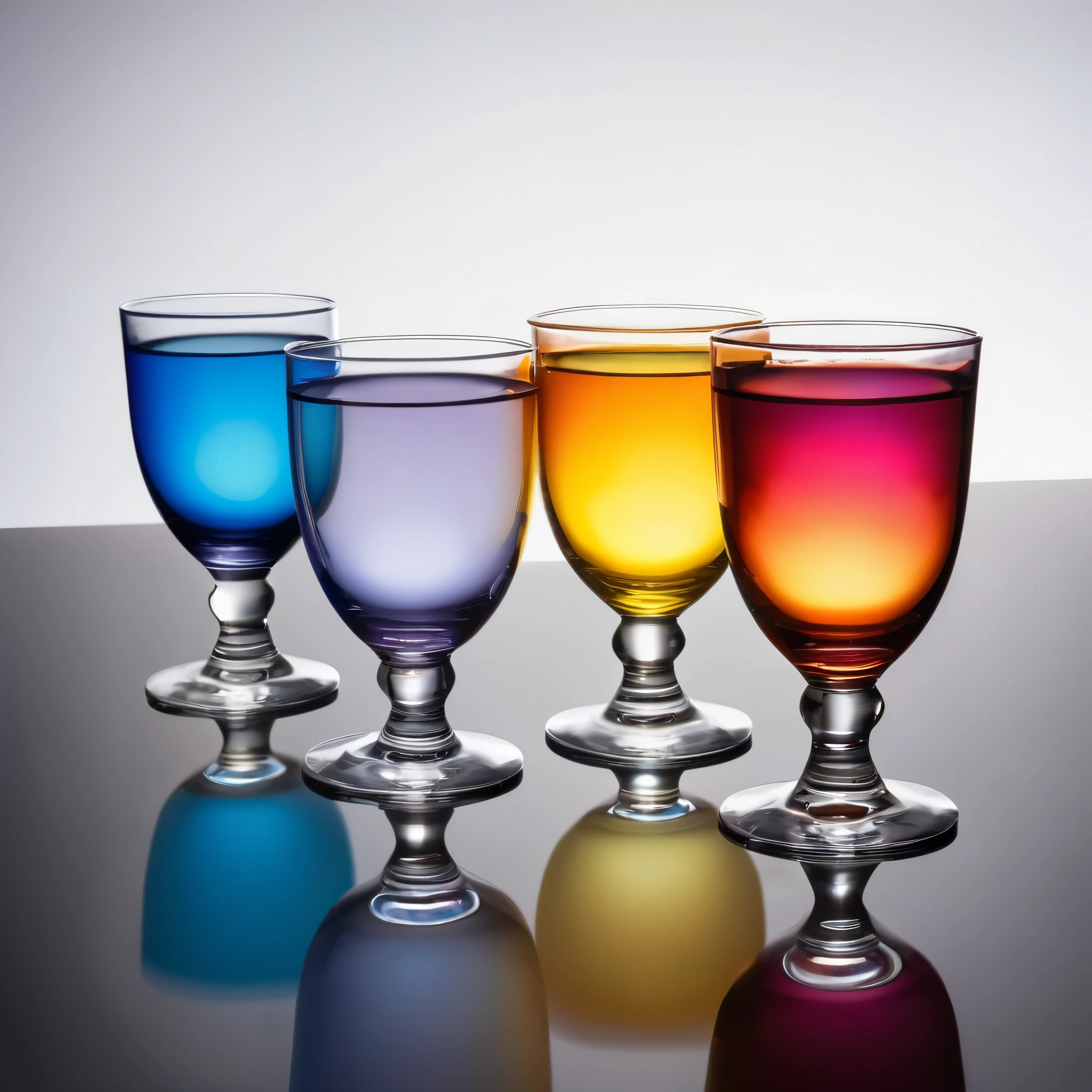 Several glass children's cups of fun shapes are arranged on a counter, each one filled with a different opacity drink. The bright light illuminates them, showcasing the Tyndall effect. The cups are made of transparent glass, creating a vibrant display of colors as the light passes through. The drinks inside the cups range from clear and translucent to partially opaque, adding visual interest to the scene. The Tyndall effect is evident as the light scatters and refracts, giving the drinks a unique glow. The counter is well-lit, highlighting the cups and their contents. The cups are designed with playful shapes, adding a touch of whimsy to the composition. The entire scene exudes a sense of wonder and curiosity, inviting viewers to explore the colorful world within each cup. The high-quality rendering captures the intricate details of the glass cups, allowing for a realistic and visually appealing depiction. The colors are vivid and vibrant, enhancing the overall visual experience. The lighting is carefully designed to create a dramatic effect, emphasizing the beauty of the cups and the Tyndall effect.