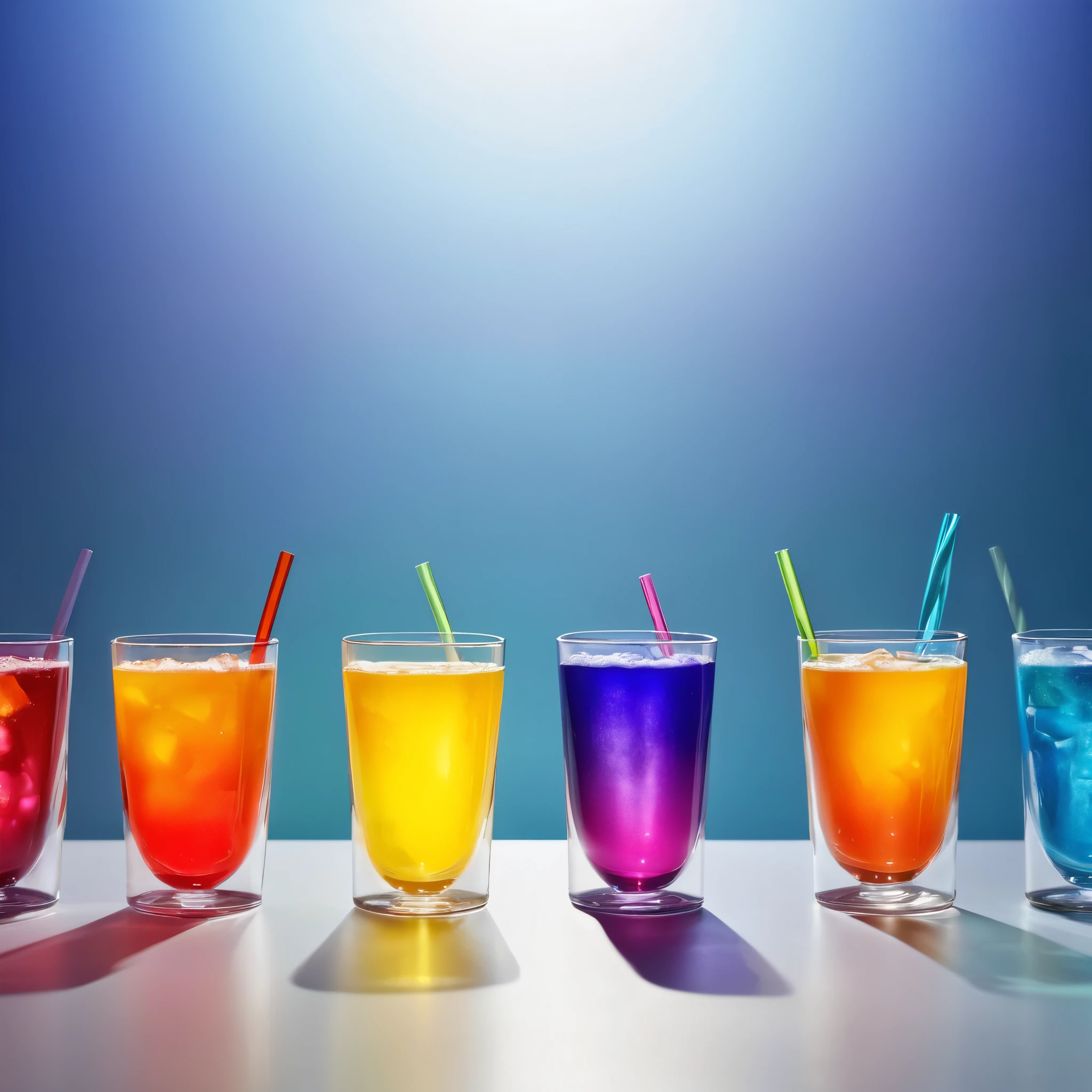 Several glass children's cups of fun shapes are arranged on a counter, each one filled with a different opacity drink. The bright light illuminates them, showcasing the Tyndall effect. The cups are made of transparent glass, creating a vibrant display of colors as the light passes through. The drinks inside the cups range from clear and translucent to partially opaque, adding visual interest to the scene. The Tyndall effect is evident as the light scatters and refracts, giving the drinks a unique glow. The counter is well-lit, highlighting the cups and their contents. The cups are designed with playful shapes, adding a touch of whimsy to the composition. The entire scene exudes a sense of wonder and curiosity, inviting viewers to explore the colorful world within each cup. The high-quality rendering captures the intricate details of the glass cups, allowing for a realistic and visually appealing depiction. The colors are vivid and vibrant, enhancing the overall visual experience. The lighting is carefully designed to create a dramatic effect, emphasizing the beauty of the cups and the Tyndall effect.