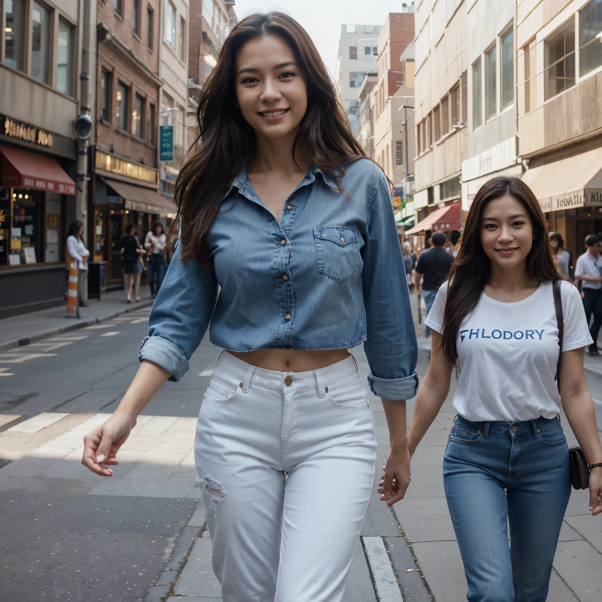 real pic, HD pic, 8k beautifull 35 year old Asian, long brown hair,body curve, using flanel and white thsirt,blue jeans, smile face walking in the city, afternoon, cinematic.HDpic realistic, photo, cinematic,