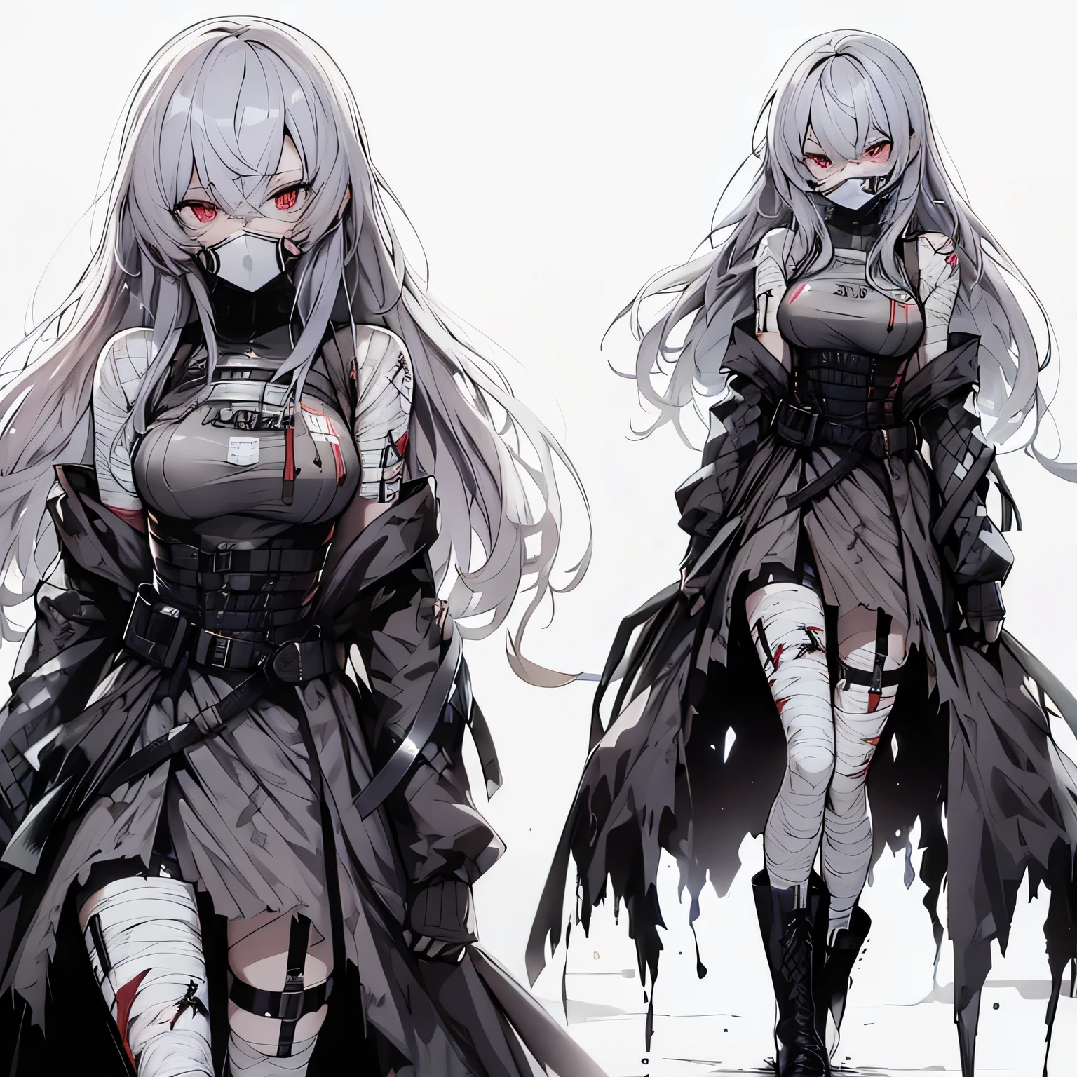(masterpiece, Best Quality), (Perfect athlete body:1.2), (detailed hairs), Ultra-detailed, Anime style, Full body, Girl, Bandaged face, bandaged、mummy、Red hair and red eyes, wearing a torn dress, Standing in the wasteland, Wearing long boots, White background, Whole body,