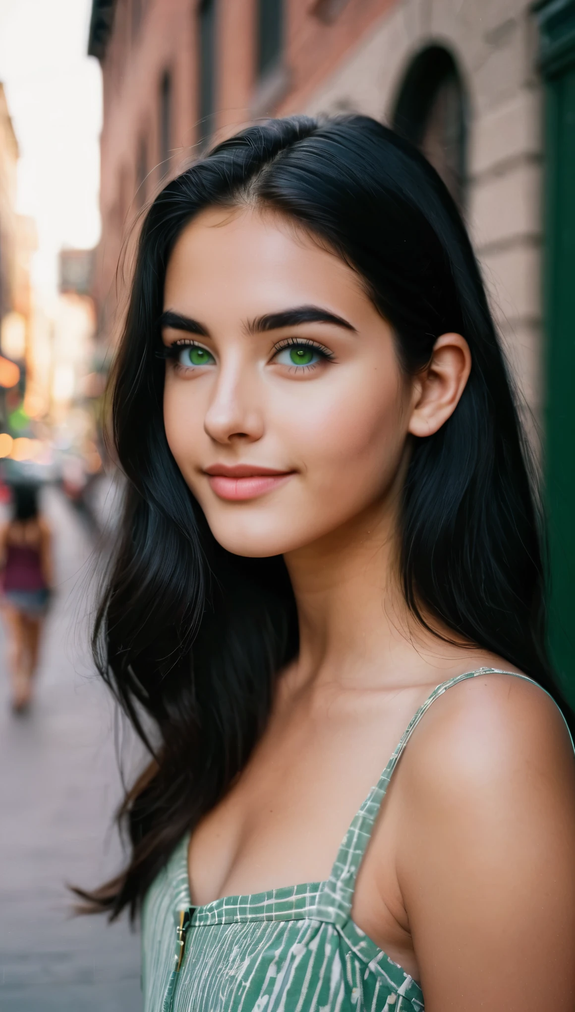 18 year old American woman, small lips, green eyes, medium eyelashes, medium nose, medium ears, thick eyebrows, long black hair, looks away, natural skin, moles on skin, (cinematic, film grain: 1.1) smile, dynamic body posture, full body, walking in the city