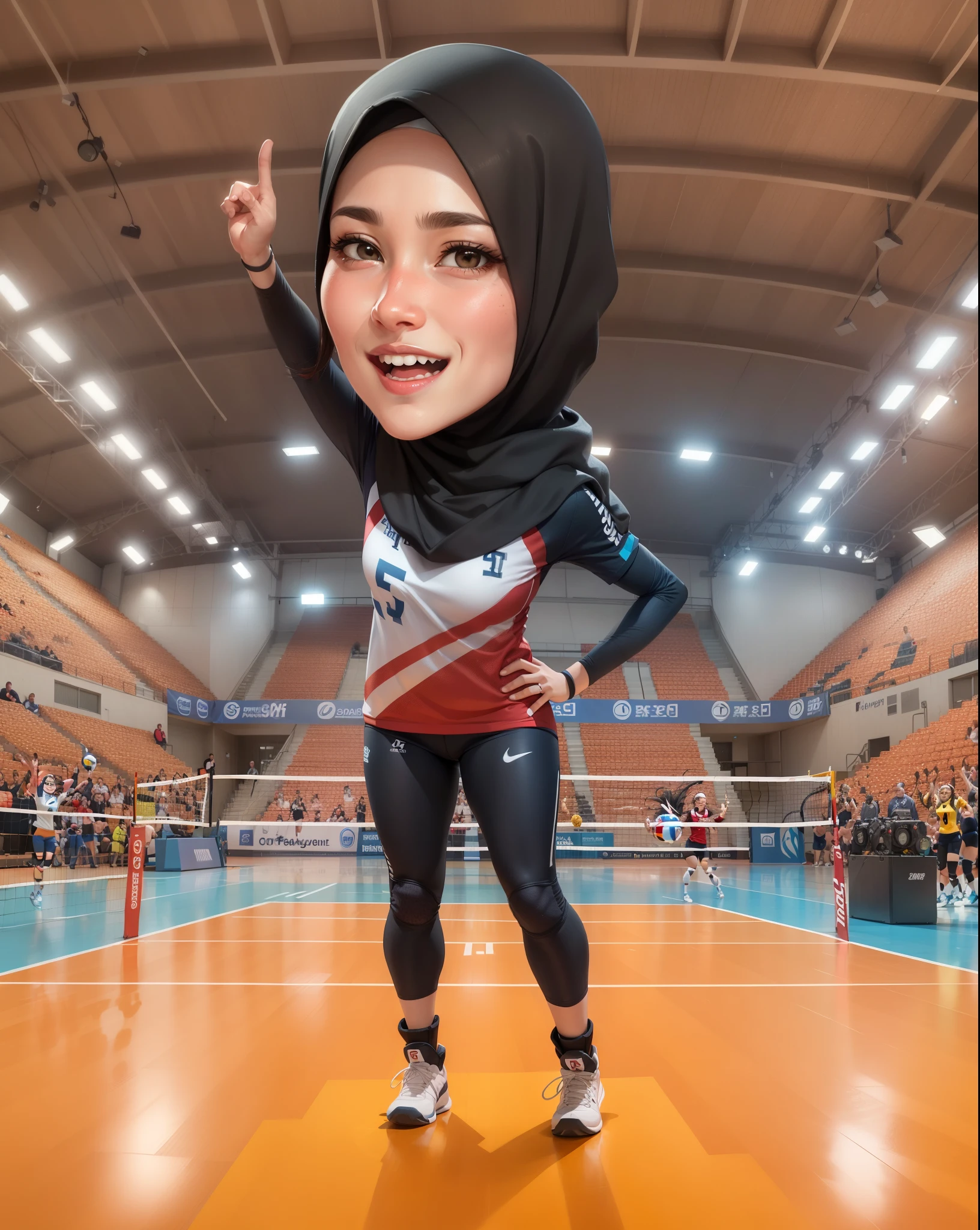 arafed woman in hijab posing for a photo in a volleyball court, serena malyon, volleyball, in cartoon style, faridah malik, 😃😀😄☺🙃😉😗, inspired by Shaddy Safadi, caricature, realistic cartoon, caricature illustration, inspired by Sasha Putrya, lv, by Abidin Dino, inspired by Ni Yuanlu