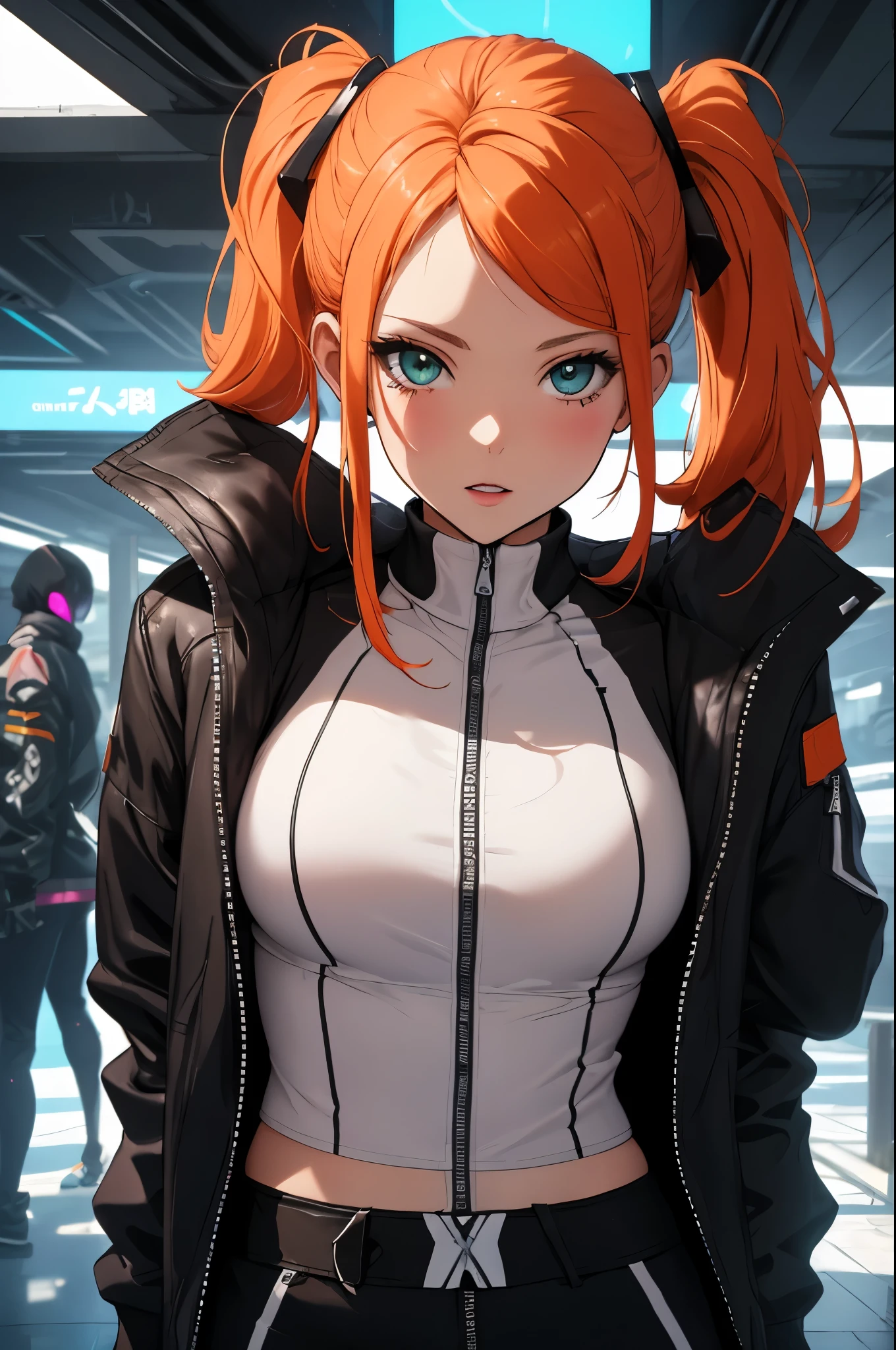 Draw a manga-style character with a physical appearance with this form of the hair Orange with black highlights, tied into two ponytails shaped like jaws, similar to Mawile from Pokémon, Eyes Pink, bright, and expressive and Build Slim and athletic, Attire Upper Body White leather jacket with cyberpunk details, such as integrated LED lights or futuristic lines, Lower Body Sporty bikini in orange, white, and black colors, blending with the cyberpunk style while allowing freedom of movement for physical activities, Personality Creative and curious Always seeking new experiences and forms of expression, Her creative mind drives her to constantly explore new ideas and concepts, dos chicas tentaculos lindo ，longitud media del cabello