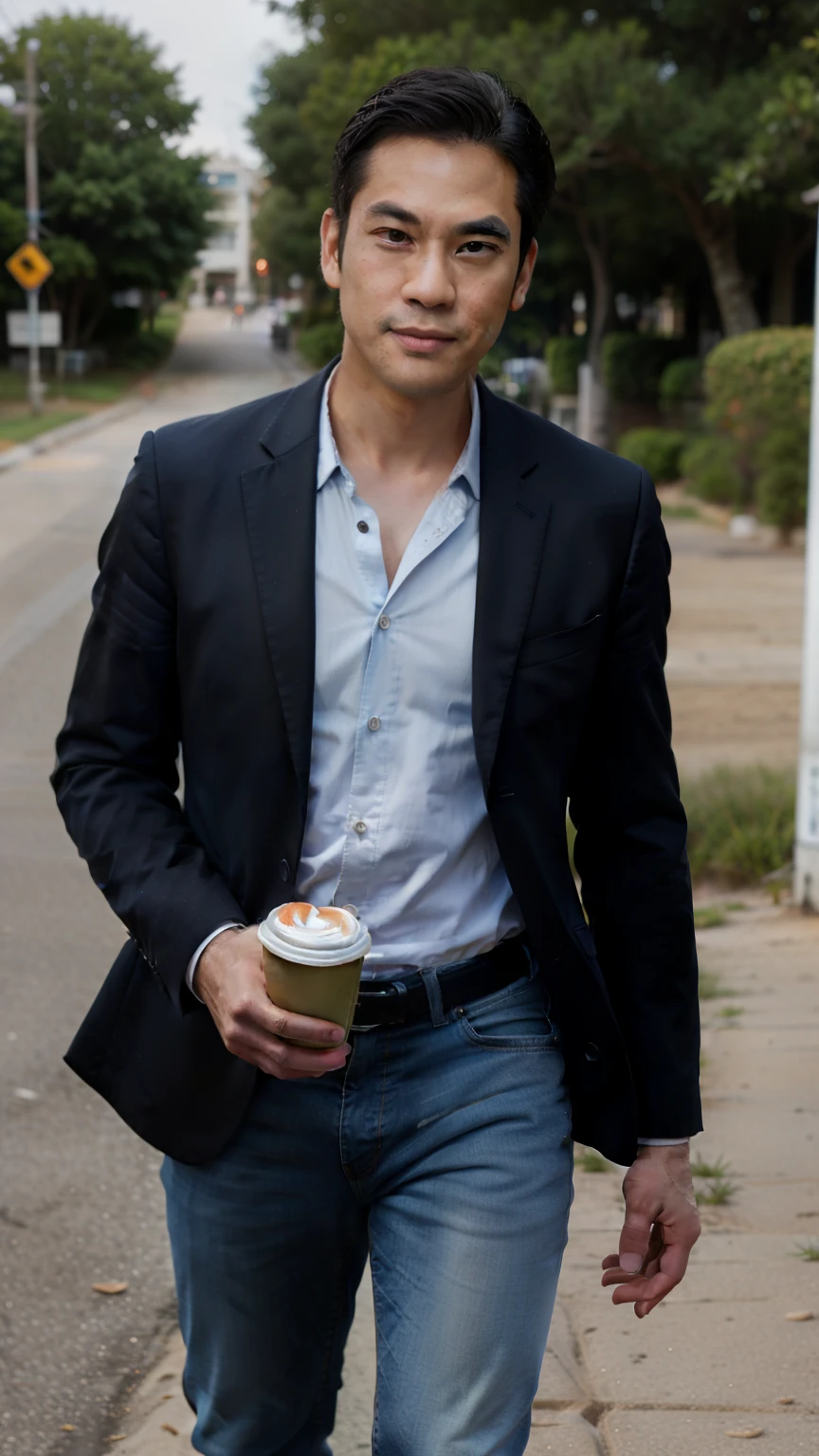 (((Mr. Chin))) 1 man ,(วอลเปเปอร์ very detailed,Masterpiece, best quality, very detailed),full body image of male, 35-year-old man, Company employee, age 35 years,Athletic hairstyle, dark hair, narrow face, thin eyebrows, sharp eyes, tall and thin nose, thin lips, slim, wears jeans. Casual suit mat, running on the beach, holding a coffee cup