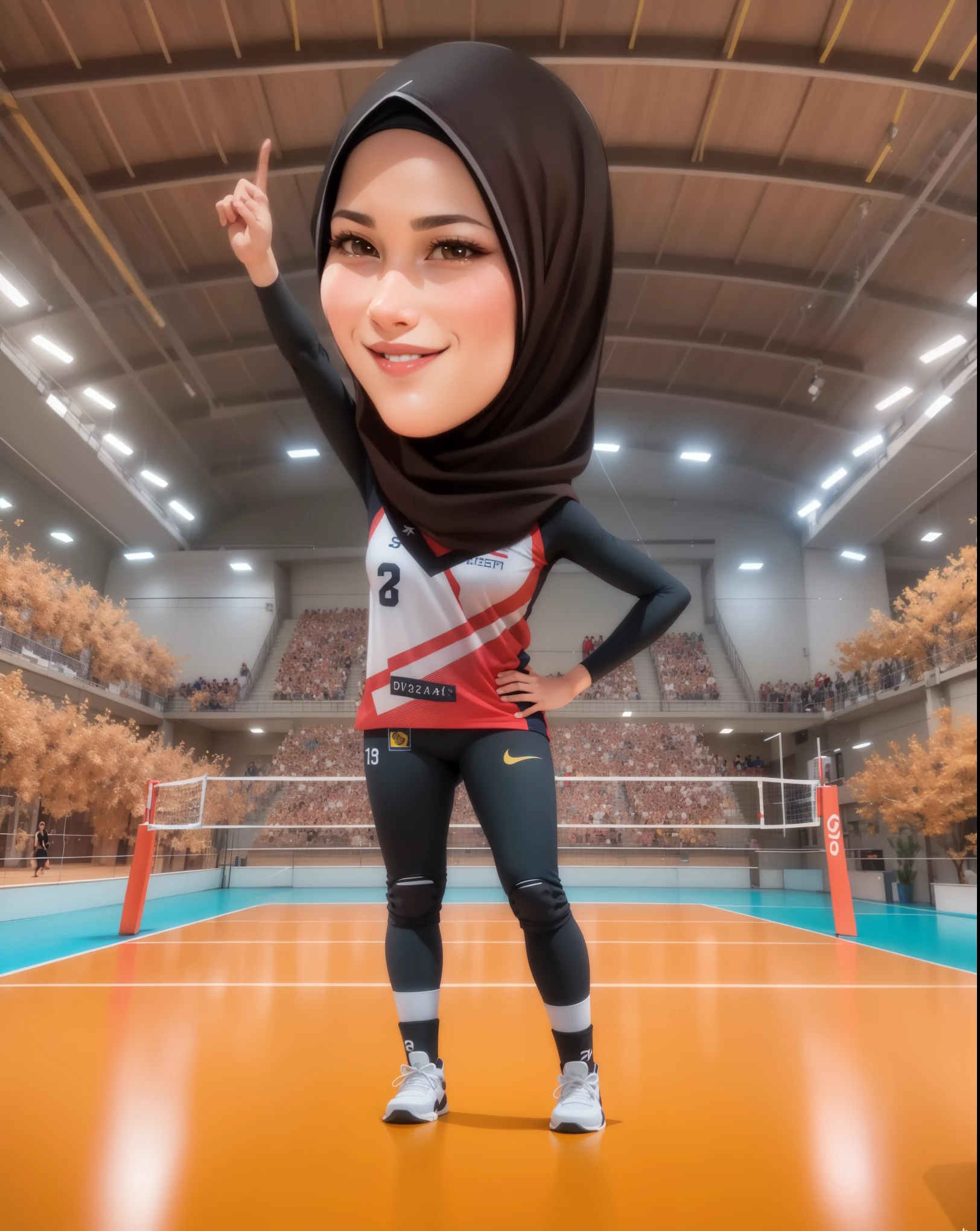 arafed woman in hijab posing for a photo in a volleyball court, serena malyon, volleyball, in cartoon style, faridah malik, 😃😀😄☺🙃😉😗, inspired by Shaddy Safadi, caricature, realistic cartoon, caricature illustration, inspired by Sasha Putrya, lv, by Abidin Dino, inspired by Ni Yuanlu