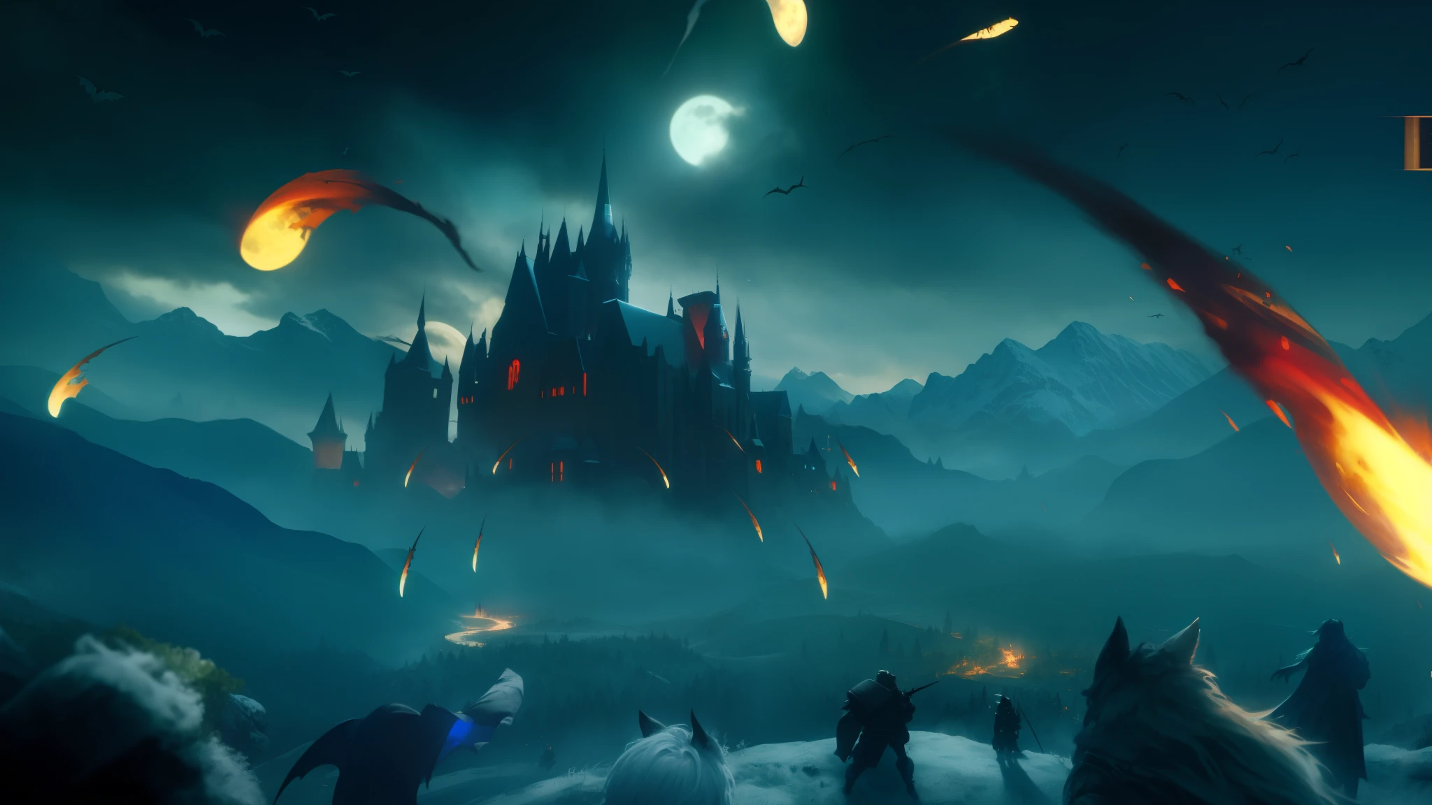 ultra high definition,4k,Details have many races(werewolf、vampire tribe、mage、hunter)The back of the character is far away(opposite side)yes(Across the war-torn plains from the crowd(平原上yes冲向城堡的大军))a castle(dark、The window shines with red light)project ammunition outward,surrounded by mountains,The moon is dark and the wind is high,Moderately saturated shot of bats flying in the dark sky,Poster magic battlefield background, Fantasy style matte painting, Game Art Matte Painting, 3D,and matte, Dota Matte Concept Art, Hogwarts 2 0 7 7, Fantasy Epic Digital Art, Epic fantasy digital art style,dark night war game