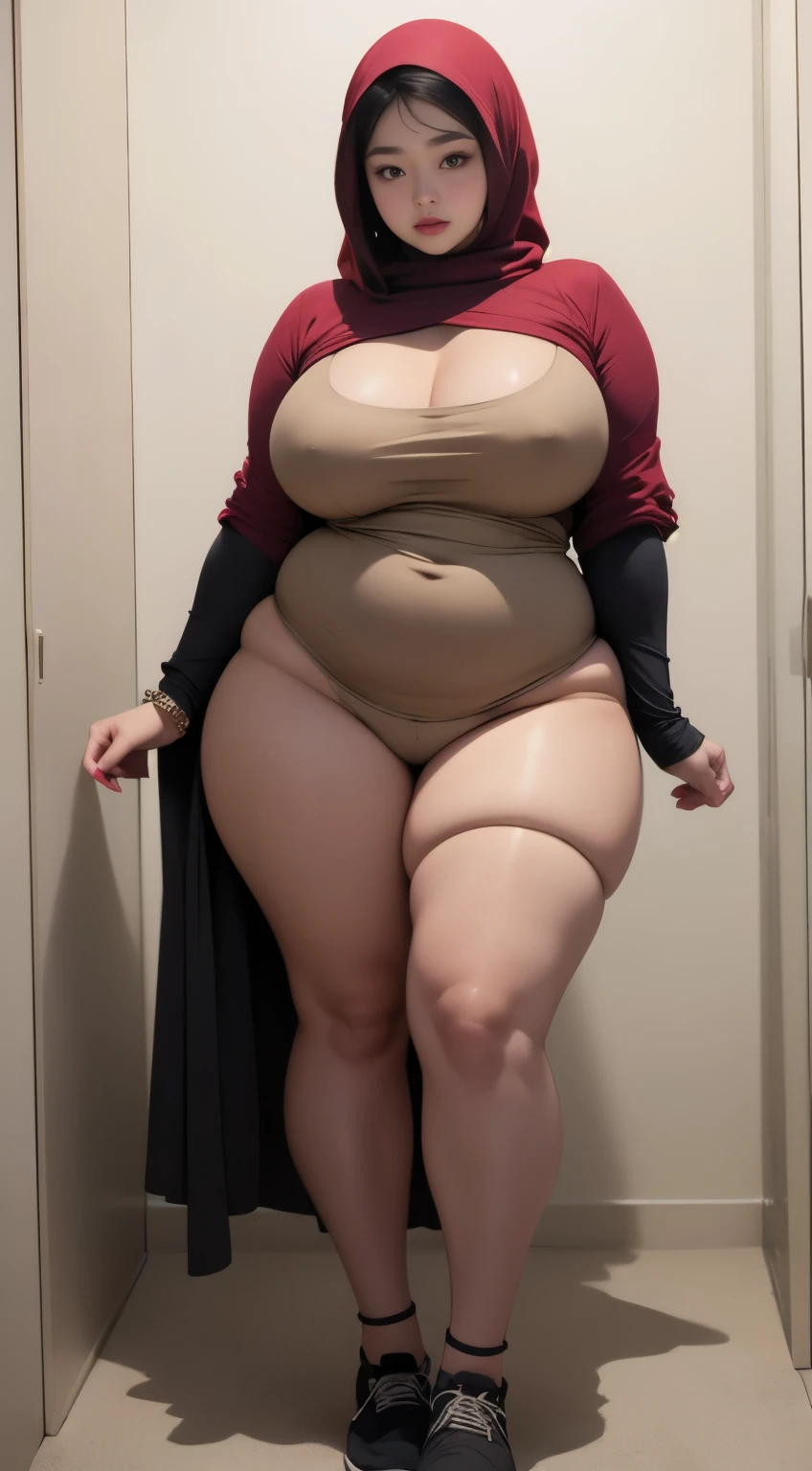 ((best quality)), ((masterpiece)), (detailed), perfect face, araffe woman thick and thight long pants posing for a picture, curvy model,, curvy hourglass figure, sexy longest hand t-shirt, thicc, beautiful full body shot, soft curvy shape, in a longest hand t-shirt, a beautiful woman open legs , bbwchan, , armpits, there is a old woman posing in a dark room with a maroon burka clothes , 43 years old, thick body, beautiful thick female, wide hips, thick legs, she has a jiggly fat round belly, thick thighs, curvy hourglass figure, thicc, curvy model, widest hips, hyperrealistic full figure, bbwchan, voluptuous body, thick, tattooed body, tattooed hands, hena on arm, hena in belly, Burka girl, muslim clothes, 43 years old woman. Burka chubby woman, chubby cheeks, wearing a sneakers, bob hairstyle, thick neck, short neck, there is a woman random pose red-brown hijab, bbwchan, thicc, brown hijab outfit, brown hijab fashion model, korean girl, korean woman, wearing brown robe, full length shot, alluring plus sized model, japanese goddess, clothed in hooded, voluptuous and arousing, portrait shot, curvy model, voluptuous body, wonderful, nene tanaka body , bbwchan, The overall atmosphere is smooth , haunting illustrations, extremely high-resolution details, photographic, realism pushed to extreme, fine texture, 4k, ultra-detailed, high quality, high contrast, red sneakers , cold atmosphere ,, 8k resolution , ultra-detailed resolution , wearing long thight pants, random pose with full body , full body, diamond necklace , wearing a watch , thick arm, thick cheeks , wearing a gold Bracelet