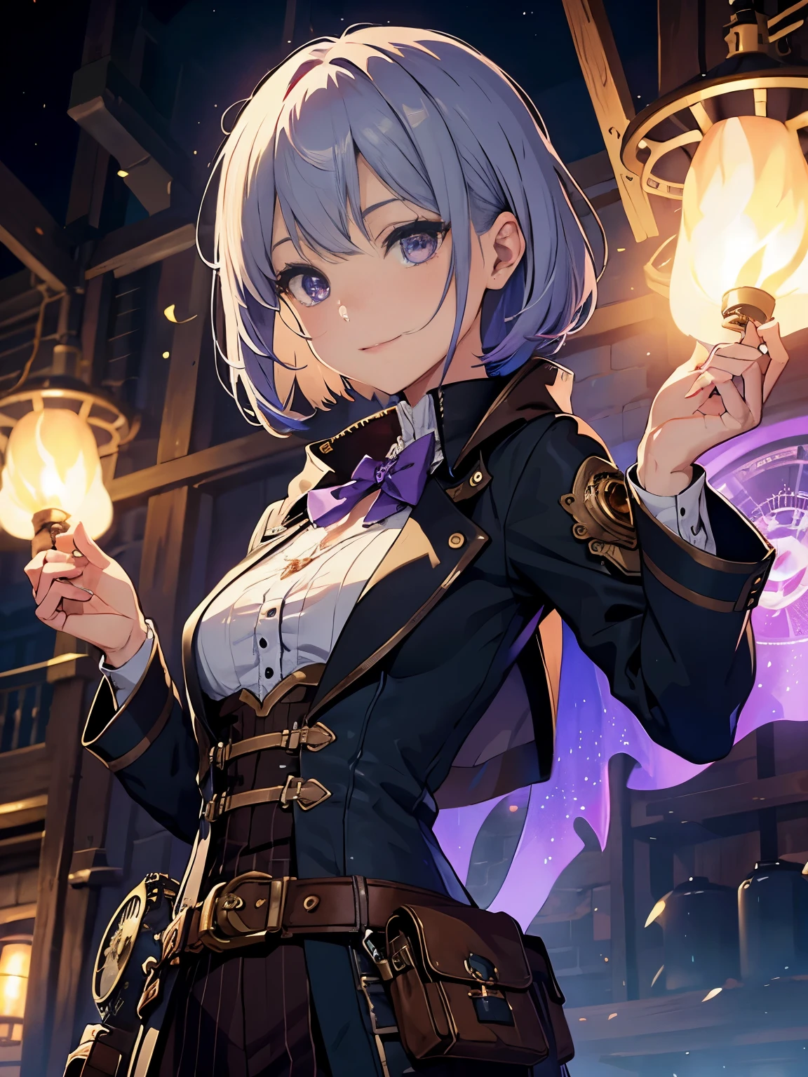 cinematic angle、 steampunkな世界、(steampunk)、steam raising machine、steam rises、Lots of steam machines、High level image quality、purple eyes、bangs、arrange bangs、short bob、silver blue color hair、Crisp eyes、、dark tone、slight smile, bright colors、Upper body, delicate drawing、