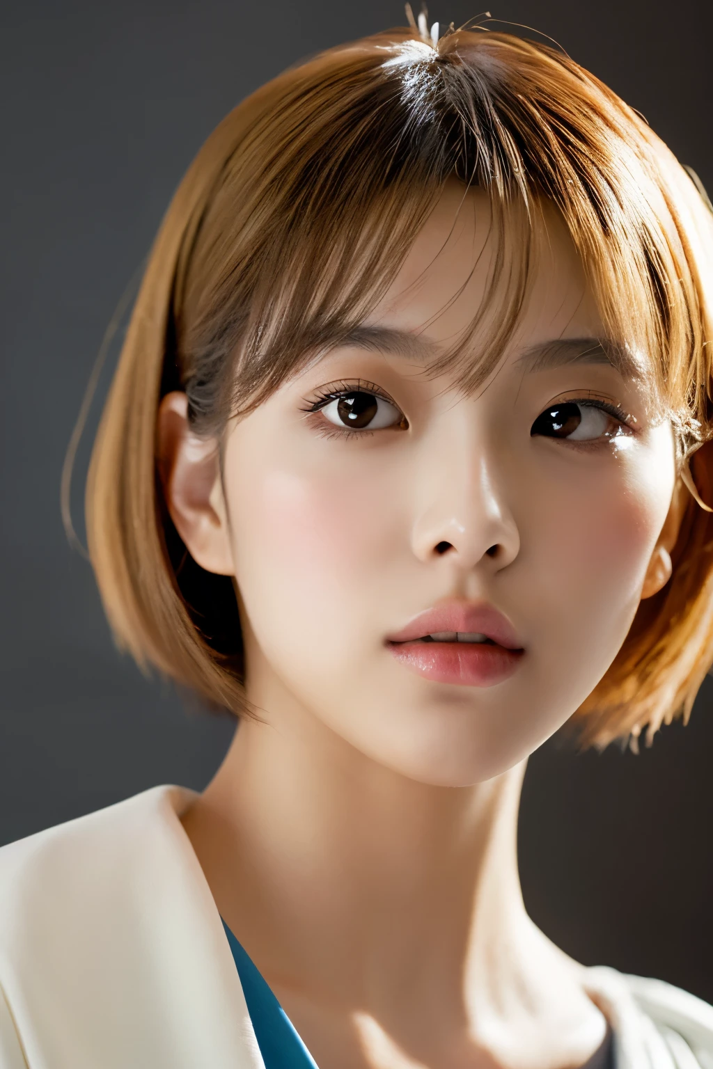 ((masterpiece, top quality, high definition)), 1 Japanese girl, 20 years old, encapsulating the essence of contemporary Mode style with her elegant short hair, offering a harmonious blend of avant-garde and practical fashion sensibilities. Her facial features, mirroring the Honey archetype, radiate a gentle glow, highlighted by expertly applied makeup that enhances her natural beauty without overshadowing it. She is clad in a sophisticated Mode-inspired outfit, which ingeniously integrates state-of-the-art design with understated references to traditional Japanese motifs, displaying a perfect mix of novel textures and refined silhouettes. The setup is in a studio under a soft, homogenous white background that emphasizes clarity and simplicity, where she faces the camera with a poised and serene expression, her eyes beckoning with depth and expressiveness, inviting onlookers into a narrative of modern elegance. ((face close-up)), (drawing all head, shoulders),