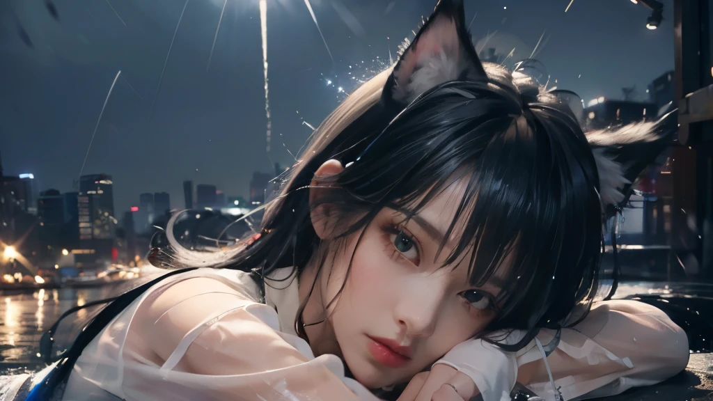 (8k, original photo, High sensitivity, best quality, masterpiece, ultra high resolution, Fidelity: 1.25), Upper body, Cat ears, (night), rain, Lying with city lights, delicate face, wet white shirt