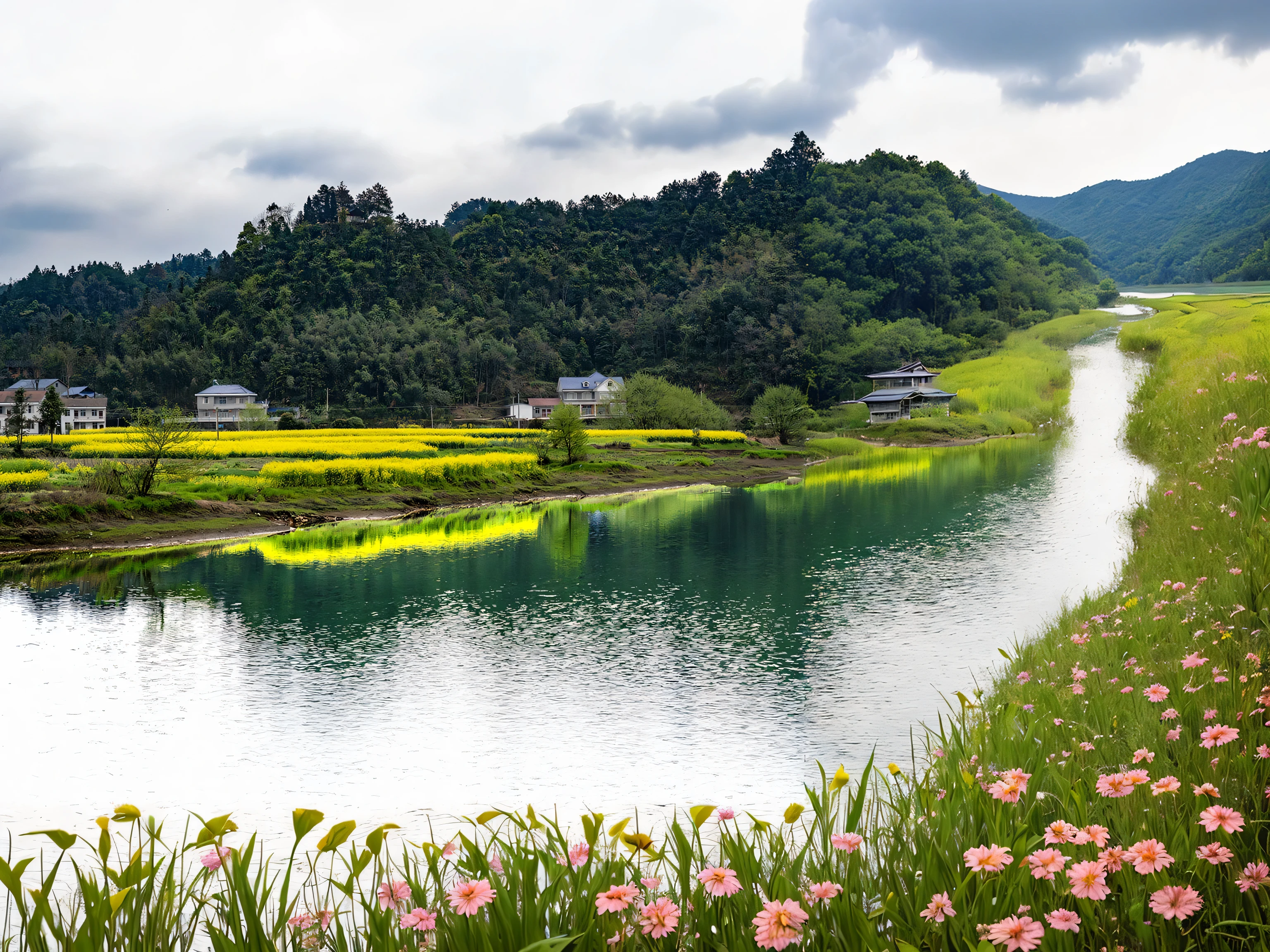 There is a small lake,There is a flower in the middle, a small village with a lake, countryside in japan, beautiful lake in foreground, Rice fields and flowing river, Photographed by Nikon Z9, Korean countryside, author:Yi Zaiguan, Chinese scenery, in peaceful scenery, Japanese countryside, near a small lake, near a lake