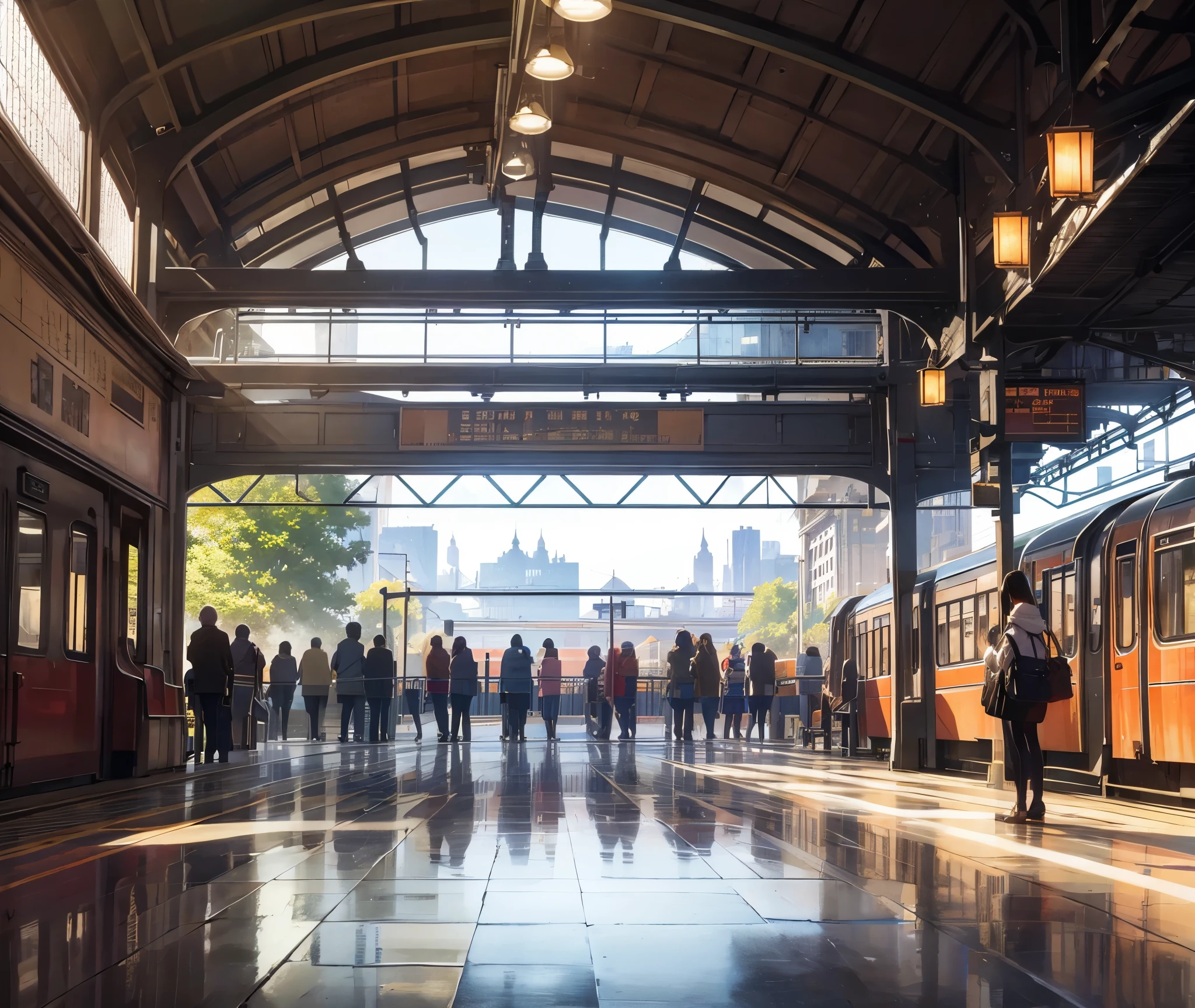 Generate an image of a bustling train station with crowds of people moving about, trains arriving and departing. The station's architecture should be grand, with large windows and intricate details. Include a young woman sitting on a bench, sketching in her book, capturing the scene around her.