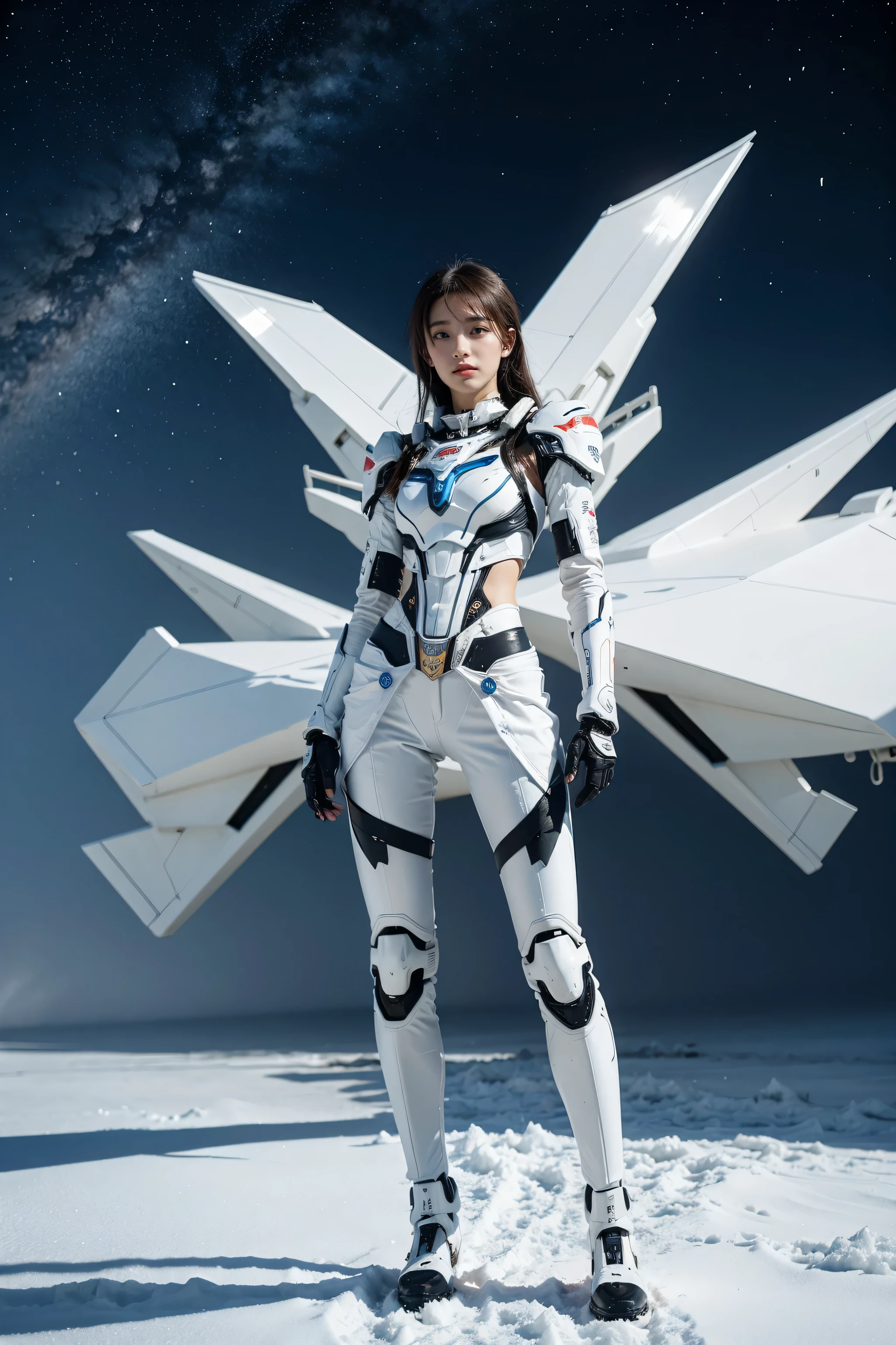 1 girl, Lovely, Ice and Snow World, alone, skinny, wind, Mecha suit, whole body, pretty face, Decorated with intricate patterns and delicate lines, Mecha suit,