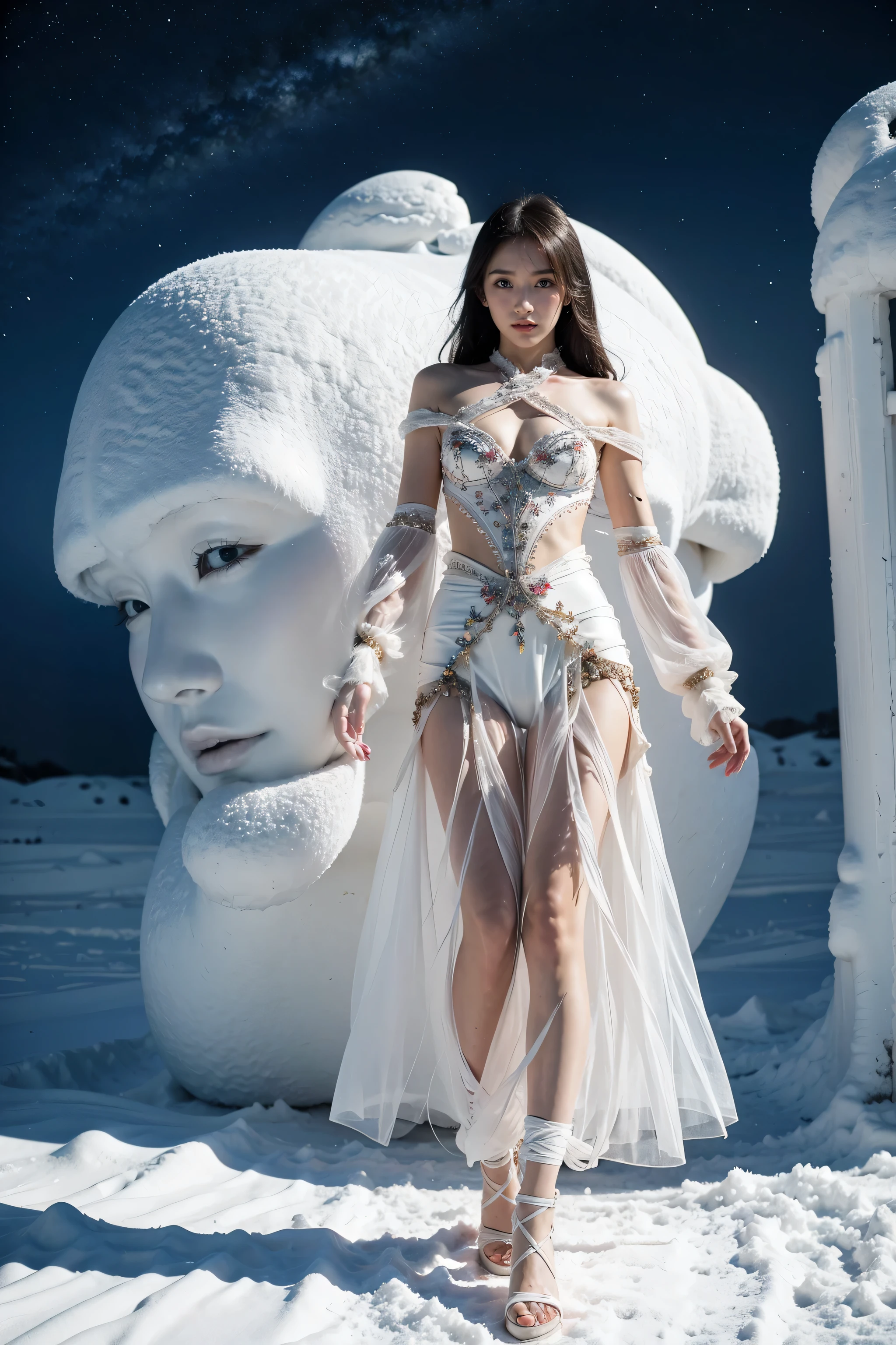 1 girl, Lovely, Ice and Snow World, alone, skinny, wind, Mecha suit, whole body, pretty face, Decorated with intricate patterns and delicate lines, Mecha suit,