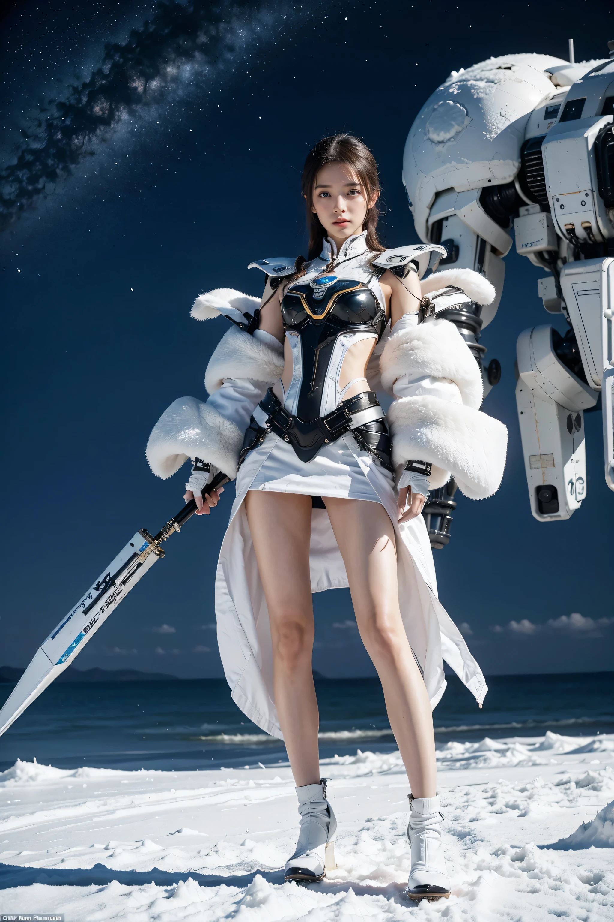 1 girl, Lovely, Ice and Snow World, alone, skinny, wind, Mecha suit, whole body, pretty face, Decorated with intricate patterns and delicate lines, Mecha suit,