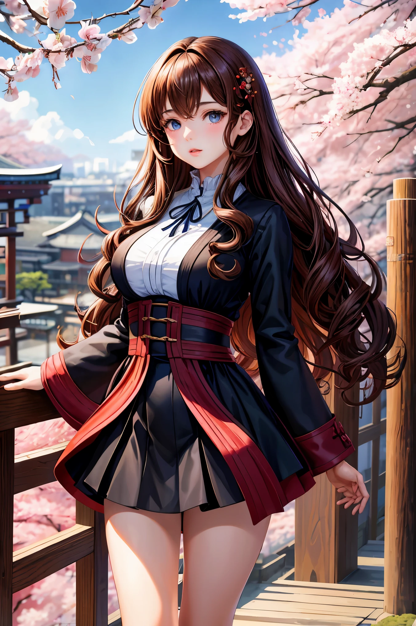anime, one girl, brown hair、medium long、curly hair、blue eyes、well-groomed face、dense lips、red knit、black coat、big breasts、beautiful legs、Kyoto、garden、cherry blossoms、petal、high resolution、ultra high resolution、delicate、16K