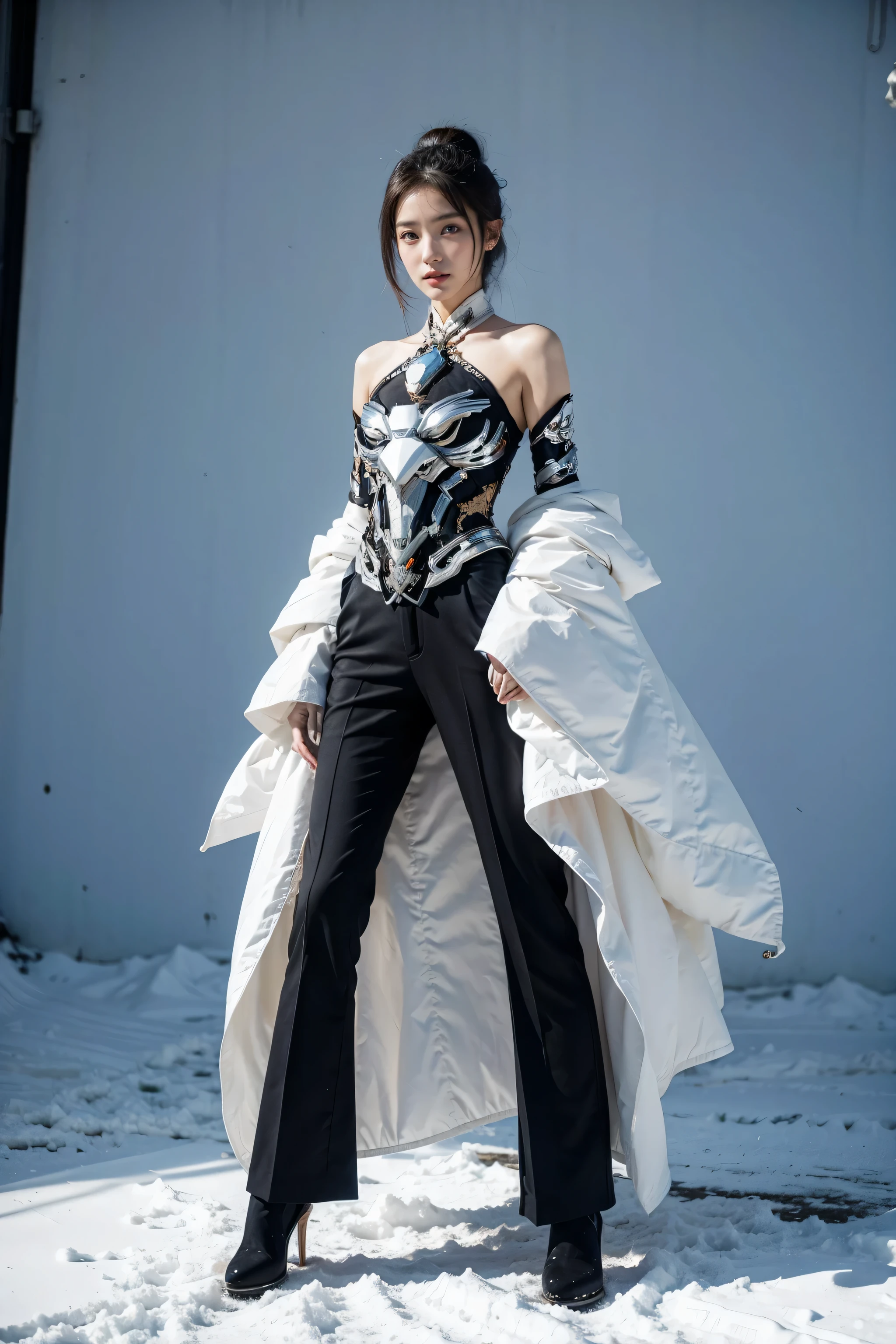 1 girl, Lovely, Ice and Snow World, alone, skinny, wind, Mecha suit, whole body, pretty face, Decorated with intricate patterns and delicate lines, Mecha suit,