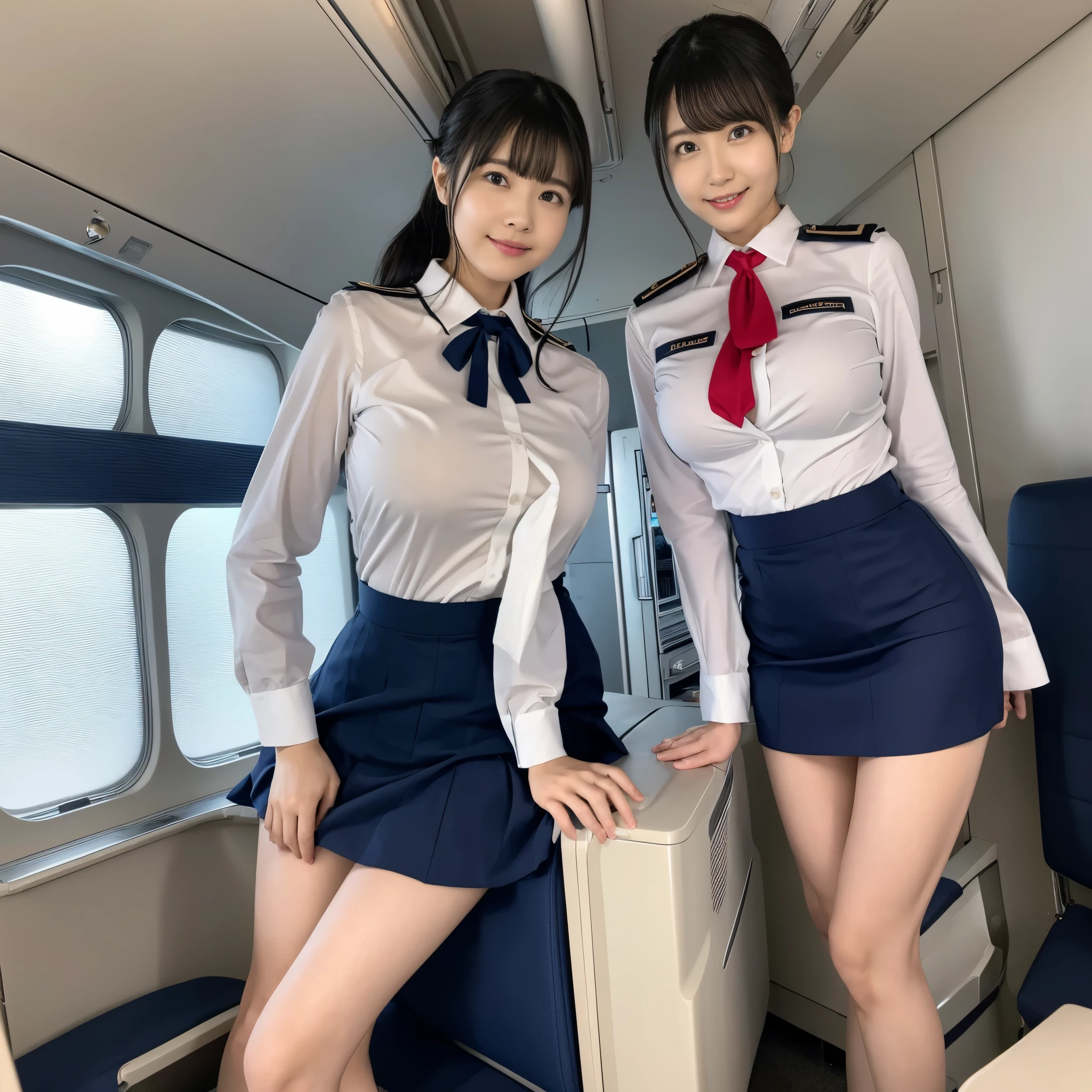 (A close-up selfie photo of two Japanese stewardesses), cabincrew, 20-years-old, (Standing closely), in the airport, (In the morning), (Both smiling), (Both looking at the camera), best quality, masterpiece, ((stockings)), (Wearing dark jal uniform), (((Double eyelids))), (Bangs down), Hair tied-up, ((Big beady eyes)), (((taking off clothes and exposing breasts and nipples))), (((Both topless nudists)))