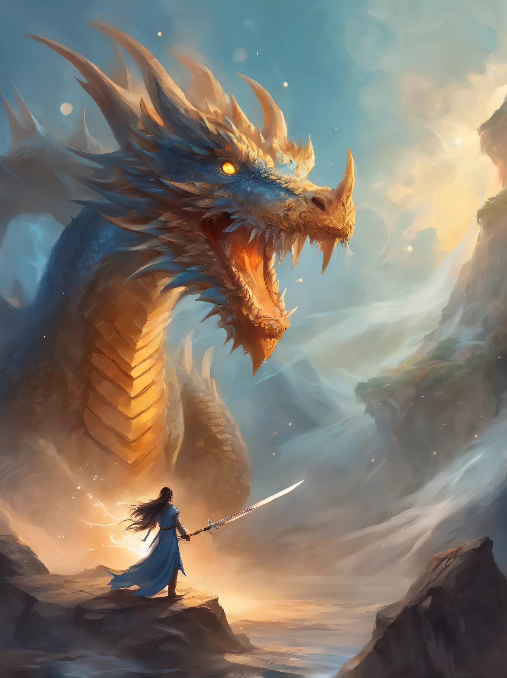 "Illustrate a mystical scene where the dragon, ancient and wise, reveals hidden secrets of the mountain to the young girl. The dragon’s massive claw gently points to ancient runes and symbols glowing on the cavern walls, while the girl listens intently, her eyes filled with wonder and understanding. The cavern is vast, with intricate tunnels leading to hidden chambers filled with more treasures and magical artifacts. The air is thick with mystery, as faint, ethereal lights illuminate the secrets that have been kept for centuries. The atmosphere is one of discovery, knowledge, and the deep bond between the girl and the dragon as they explore the mountain’s hidden depths together."