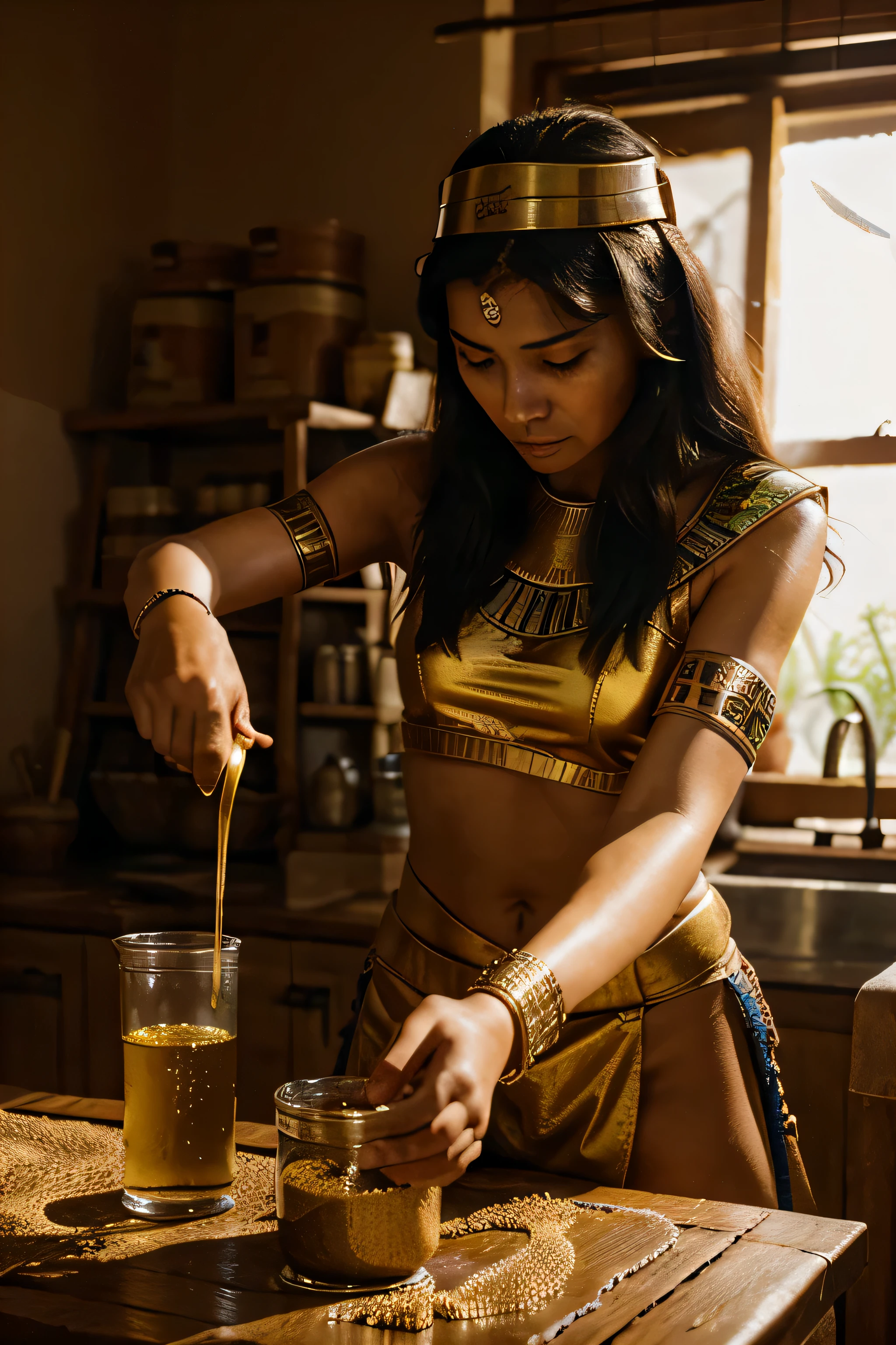An ancient Egyptian woman carefully pours urine into two separate bags, one containing barley and the other wheat, as she eagerly awaits the results.