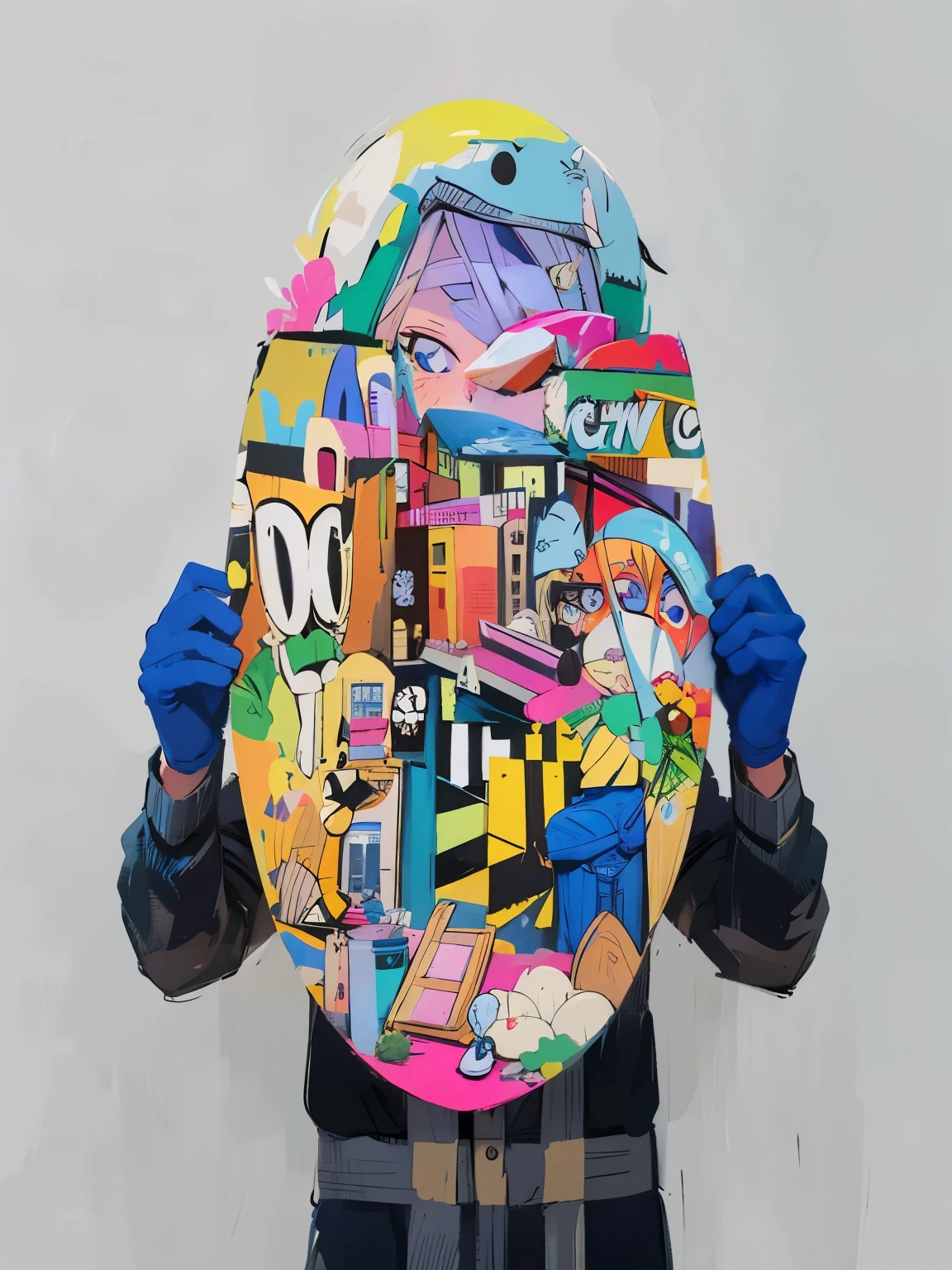 A man holding a paper plate with a picture of a city on it々new image, bold graphic graffiti, colourful artwork, vivid cartoon art, multilayer artwork, Pop Art Painting, Acrylic masterpieces, Skateboarding Art, highly detailed colorful, Tristan Eaton, i love michael, A complex and colorful masterpiece, by Jan Wijnants, postmodern painting