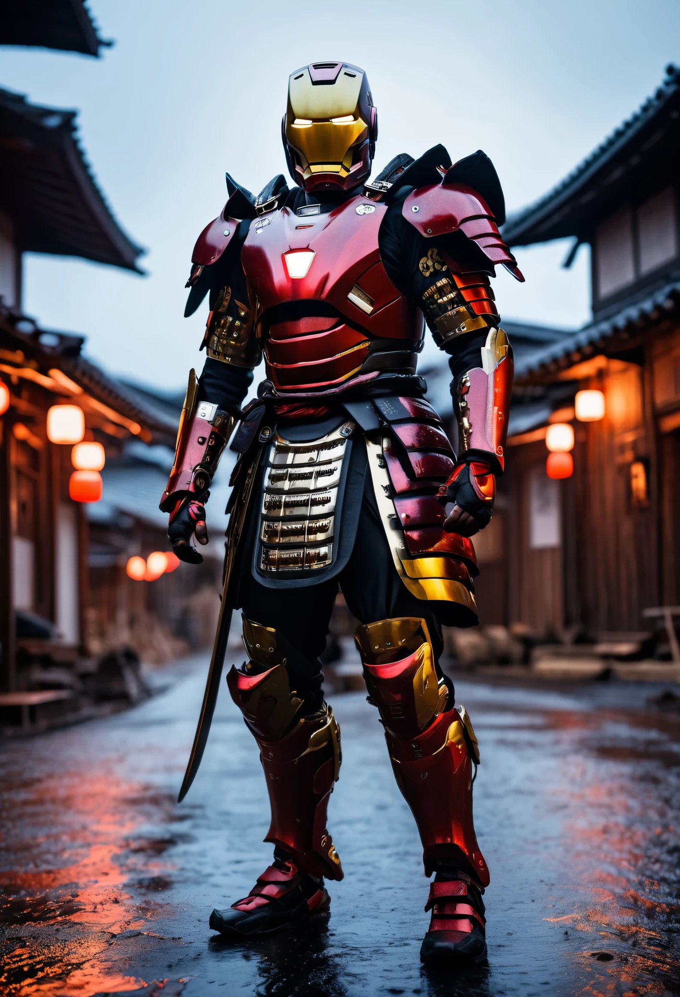 Portrait, a Ironman transform to samurai, kabuto, set in Ghost town, evening, epicdetailed, ultrasharp, style, flash shot, horor scfi, smog, rain, gripping, The atmosphere looks real, Full body shot exposed, bokeh, flash photography, hyper realistic, professional photography