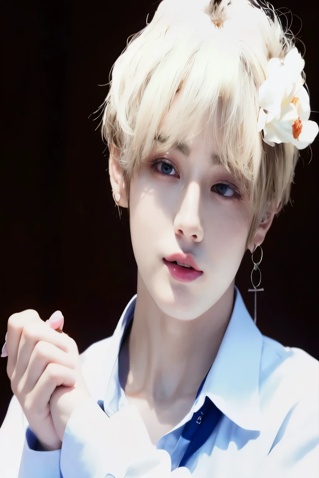 hay un joven con una flor en el pelo, cai xukun, Kpop idol portrait, jungkook, pale korean adorable face, taehyung comiendo papas fritas gucci, kim taejin, young pale angel, retrato de jossi de blackpink, inspirado en Kun Can, sakimichan, Jimin, Inspirado por Bian Shoumin, inspirado en jeonseok lee