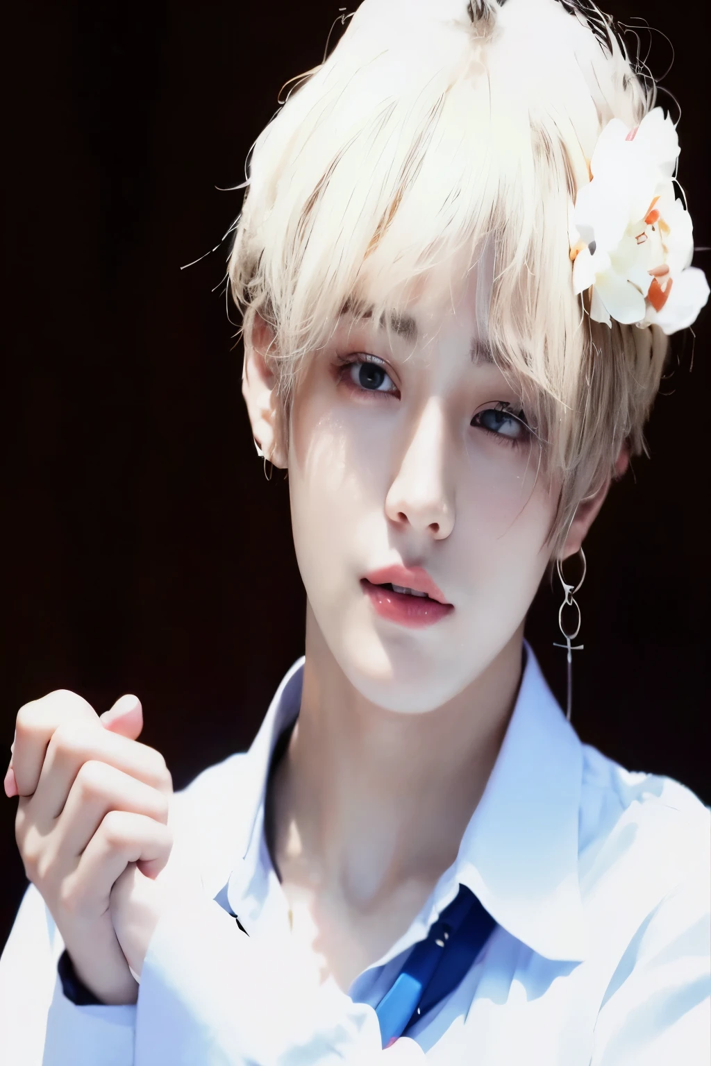 hay un joven con una flor en el pelo, cai xukun, Kpop idol portrait, jungkook, pale korean adorable face, taehyung comiendo papas fritas gucci, kim taejin, young pale angel, retrato de jossi de blackpink, inspirado en Kun Can, sakimichan, Jimin, Inspirado por Bian Shoumin, inspirado en jeonseok lee