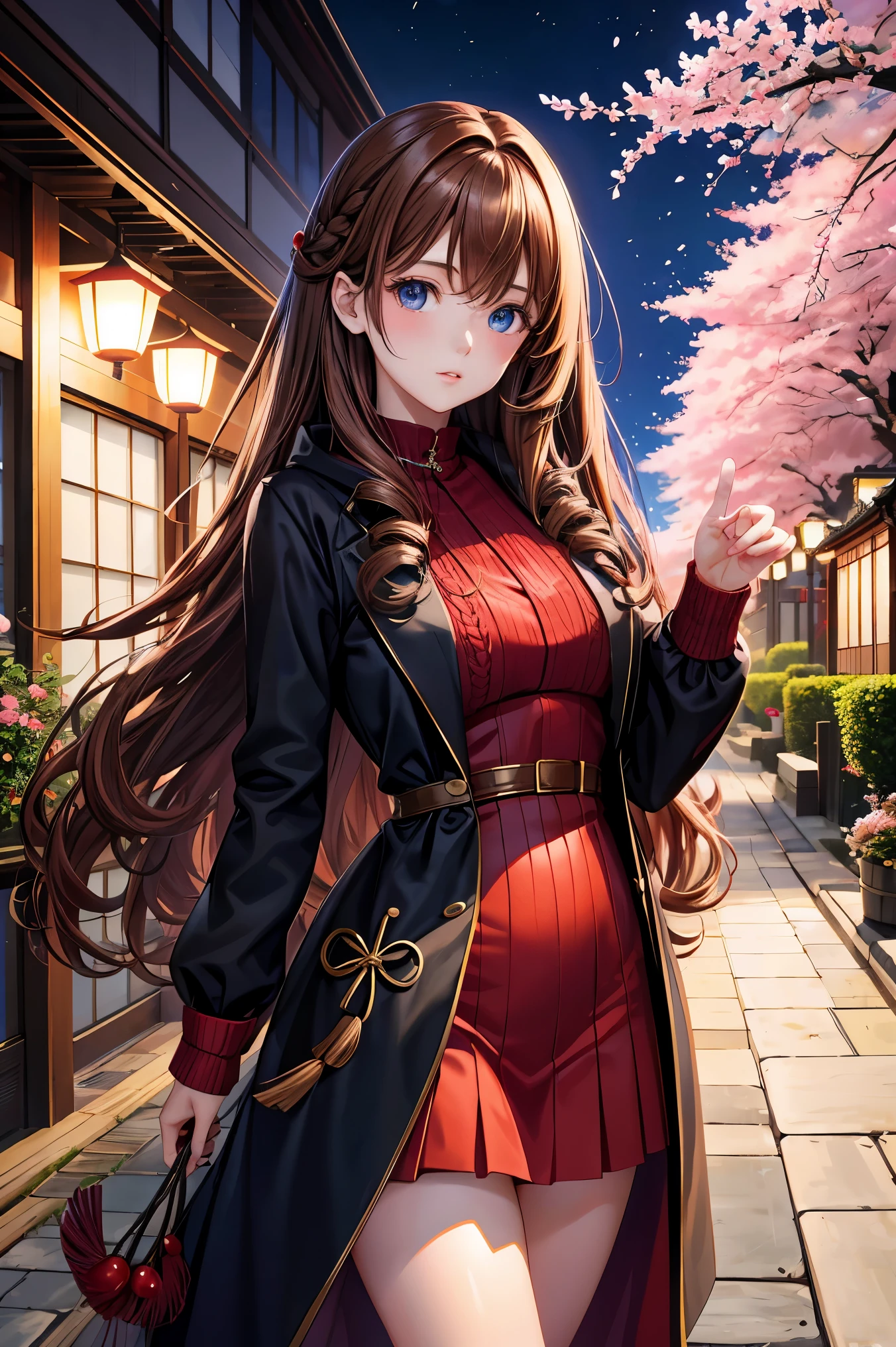 anime, one girl, brown hair、medium long、curly hair、blue eyes、well-groomed face、dense lips、Red knitted clothes、black coat、beautiful breasts、beautiful legs、Kyoto、night、garden、cherry blossoms、petal、high resolution、ultra high resolution、delicate、16K