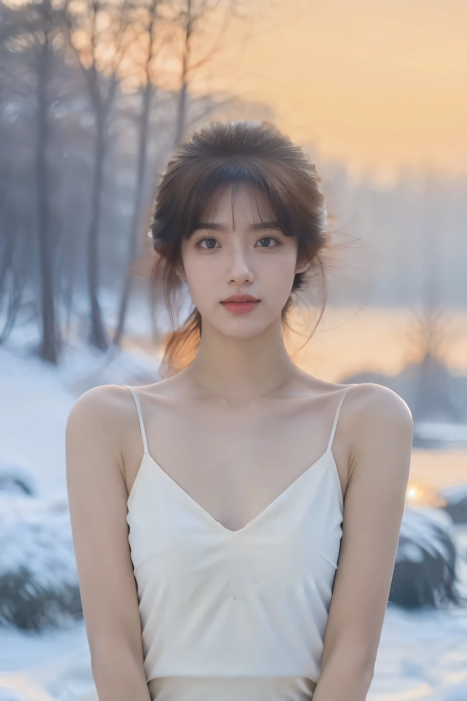 best quality, masterpiece, 4k, 1 girl, suspender skirt, Ice and Snow World, Upper body, Waved, alone, skinny, short hair, looking at camera，Show cleavage。Exposed milk，super sexy，V-neck，Super real，whole body