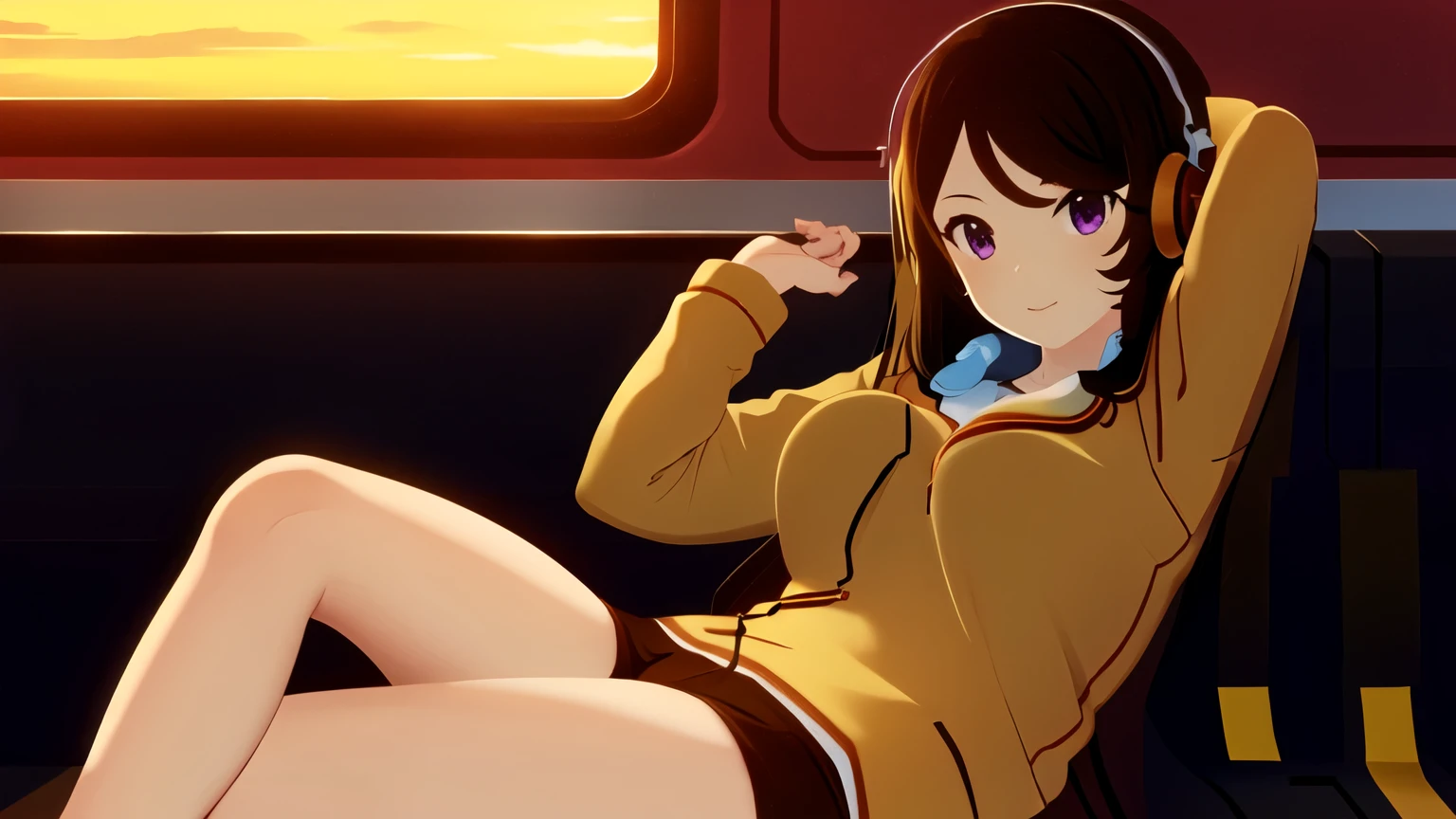 (masterpiece, best quality:1.2), 1girl, Vasu anime styled, sitting in a train wearing headphones