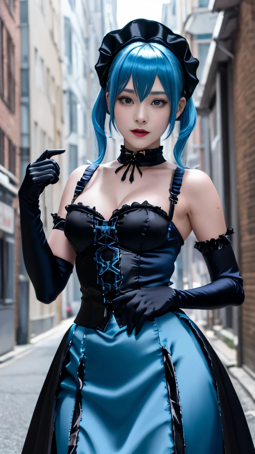 (masutepiece:1.0), (Best Quality:1.4), (A high resolution:1.2), (Photorealistic:1.4),(from below:1.5), (8K, Raw photo:1.2), (Soft Focus:1.4),There is a girl wearing shiny satin gothic lolita costume who is standing in the street and taking pictures.............................................................,full body lesbian, She is wearing a shiny satin gothic lolita, BREAK,She is wearing a gothic lolita ,BREAK,(shiny satin blue gothic lolita costume:1.4),Slime skin,BREAK, smooth tight ,( the shiny satin black gloves:1.4),BREAK, translucent skin,Latex, Translucent body,latex shiny, The perfect gloves for your skin,bob hair, shiny reflective,gal make up,goddess of Japan, Glossy skin,gorgeous japanese model,Tecateca,shiny,Slimy,(shiny satin blue rap skirt:1.3),close up,detailed background,in the street