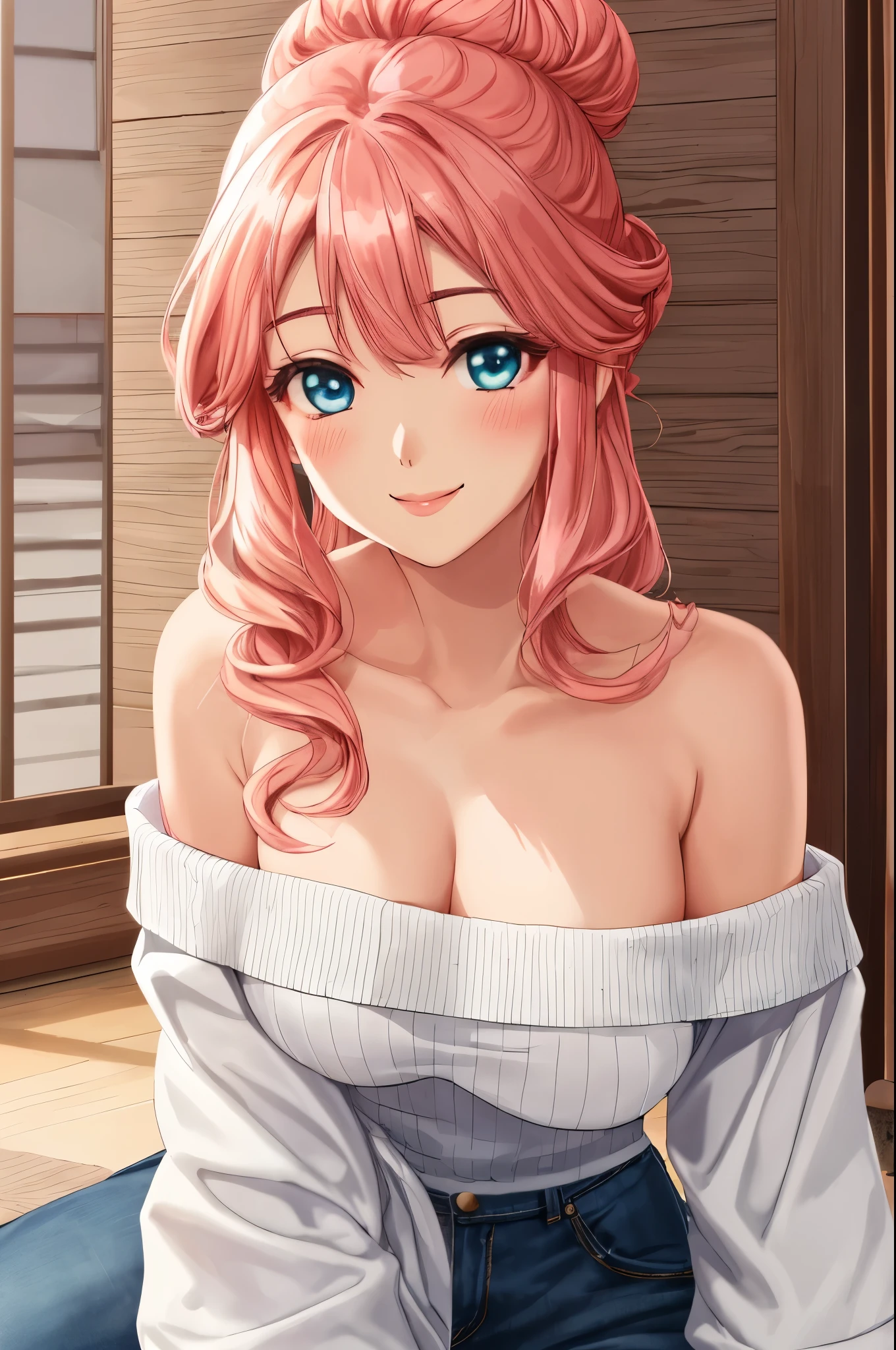 Gyokuha, Gyokuha妃, (1 girl:1.), (solo:1.3), long hair, pink hair, bun hair, single hair, (White off-shoulder knit:1.3), (denim long skirt:1.3), highest quality, High resolution, unity 8k wallpaper, (An illustration: 0.8), (detailed and beautiful eyes:1.6), highly detailed face, perfect lighting, Detailed CG, (perfect hands, perfect anatomy), (smile:1.3), gentle smile, blush, close up, free pose