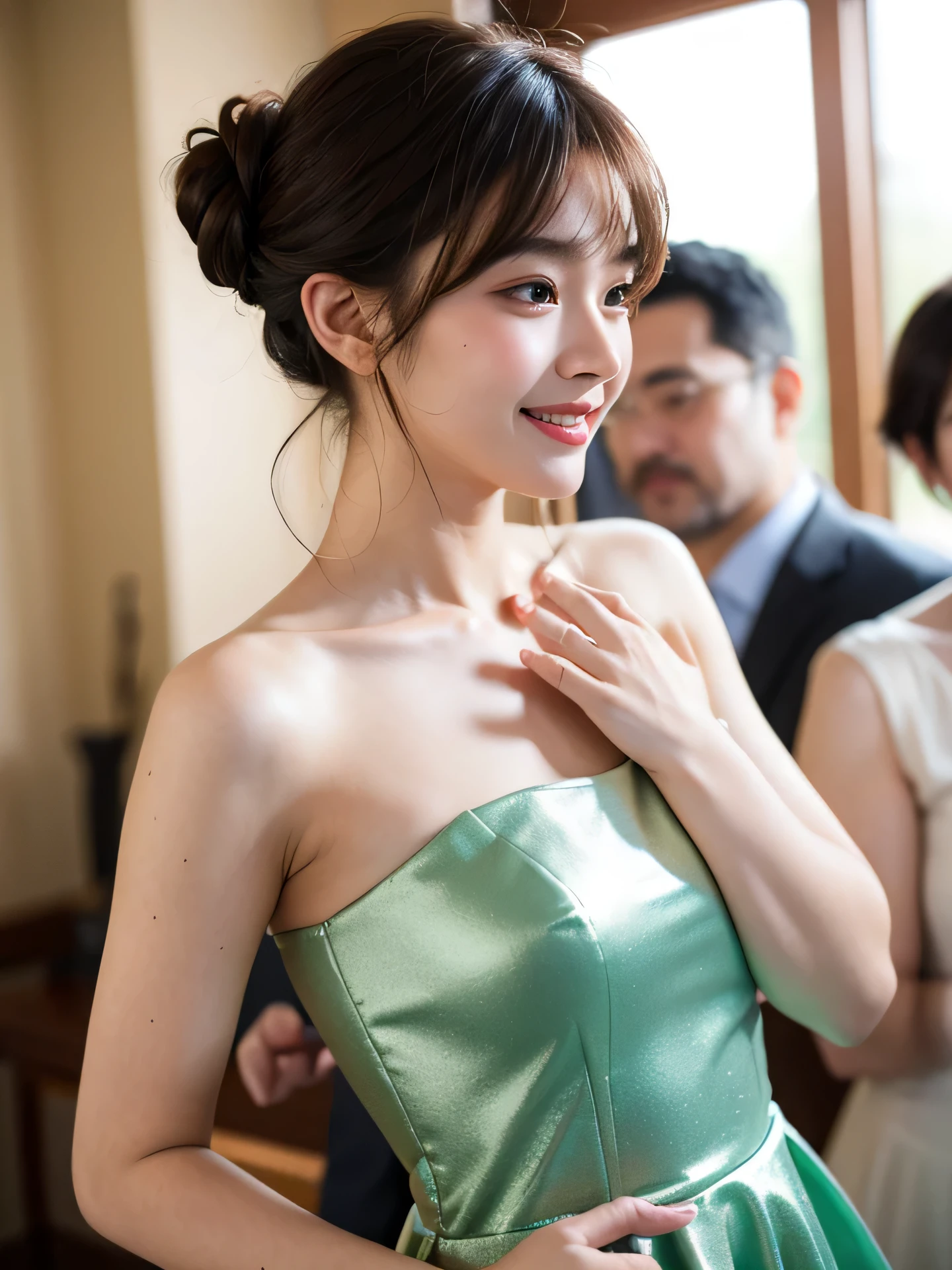 masterpiece, Best Quality, Raw photo, 8K, 1girl, Beautiful detailed skin, backlight, soft light, bashful, embarrassed, smile, Luminescent, Looking away, Anatomically correct, half updo, bangs, Eyes and faces with detailed, Textured skin, Professional Photography, Bokeh, Portrait, Professional Lighting, Solo, petrified, Cute, Girly, Film grain, Gorgeous and neat evening dress, indoor, party venue, participants,crowd