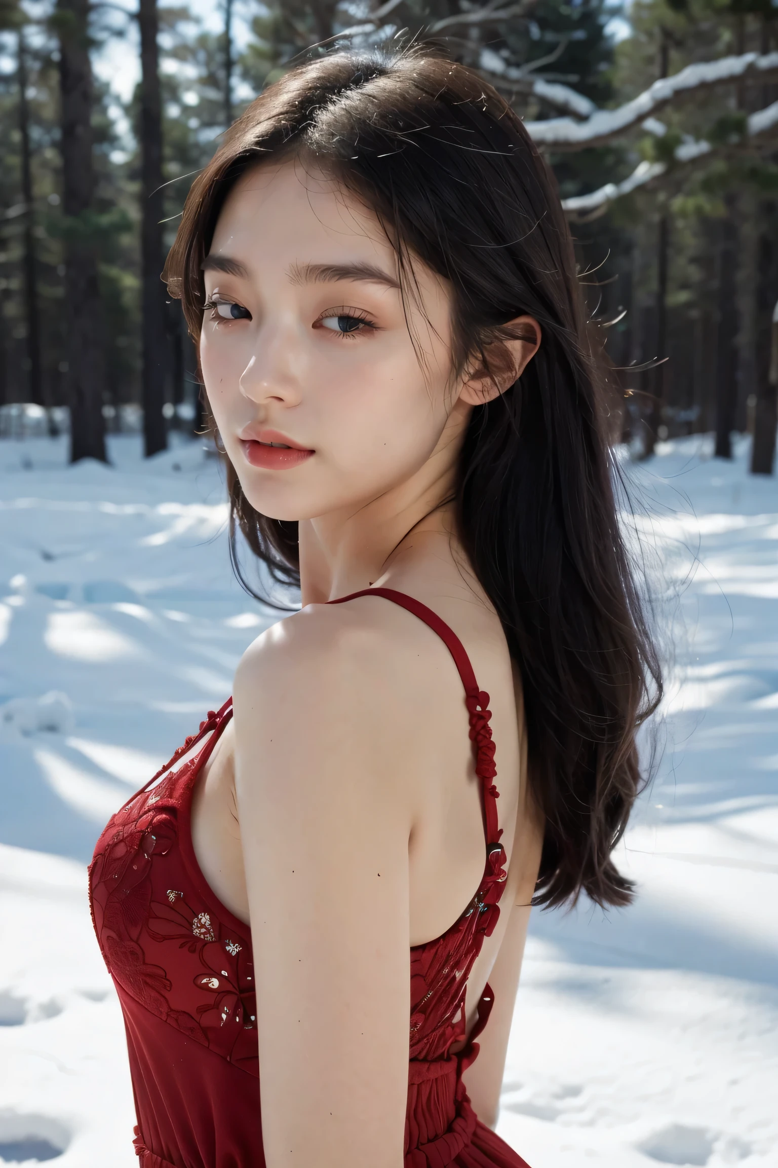 masterpiece, best quality, actual, photoactual, official art, Very detailed, Upper body, 1 girl, red dress, Ice and Snow World, alone, skinny, wind, eyes closed, oh,