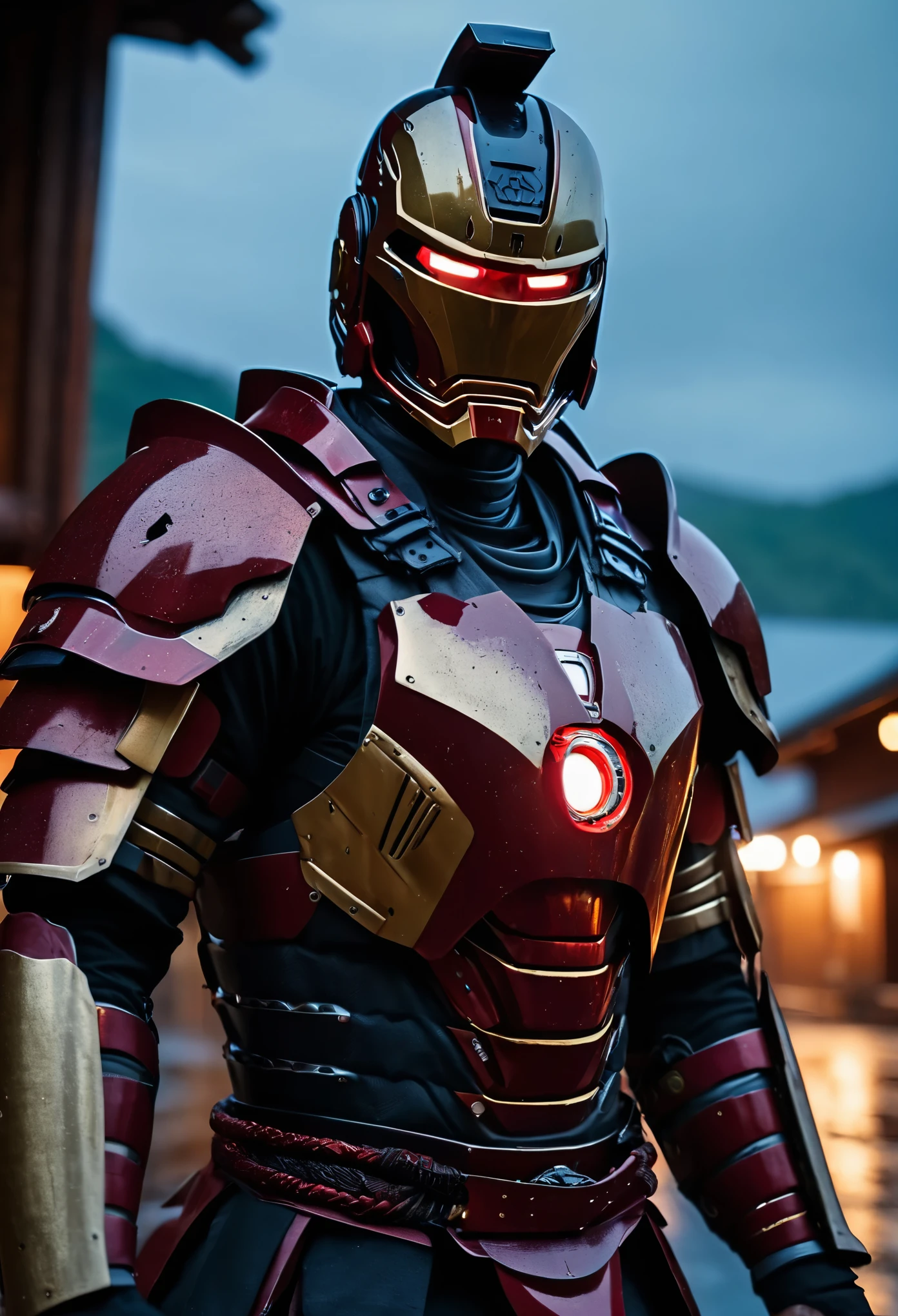 HD Portrait, 8K, a Ironman transform to samurai, kabuto, set in Ghost town, evening, epicdetailed, ultrasharp, style, flash shot, horor scfi, smog, rainy weather, dramatic lighting, The atmosphere looks real, Full body shot exposed, bokeh, flash photography, cinematic, hyper realistic, professional photography